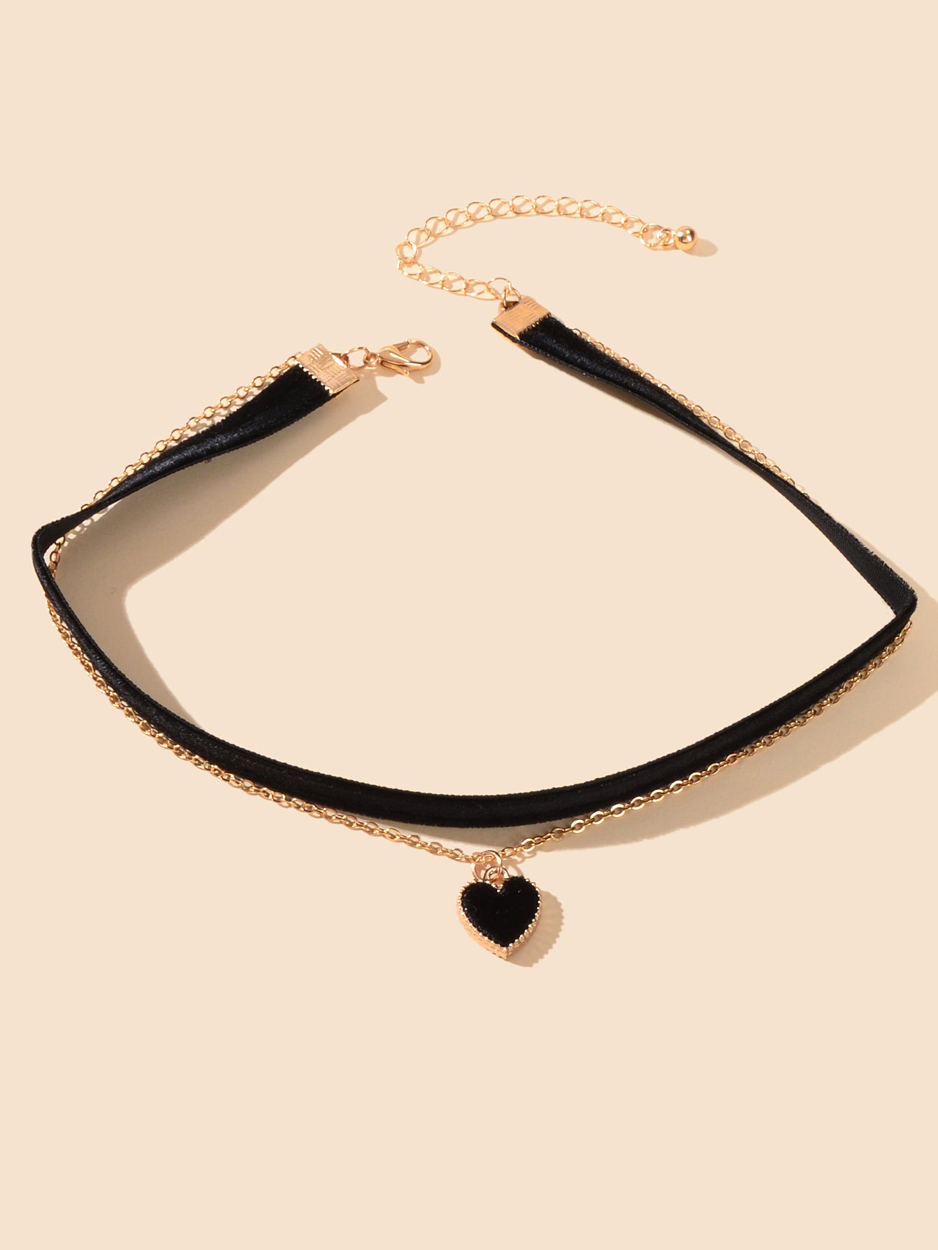 Retro Red Black Velvet Short Choker Gold Chain Double layer Heart Charm Necklace