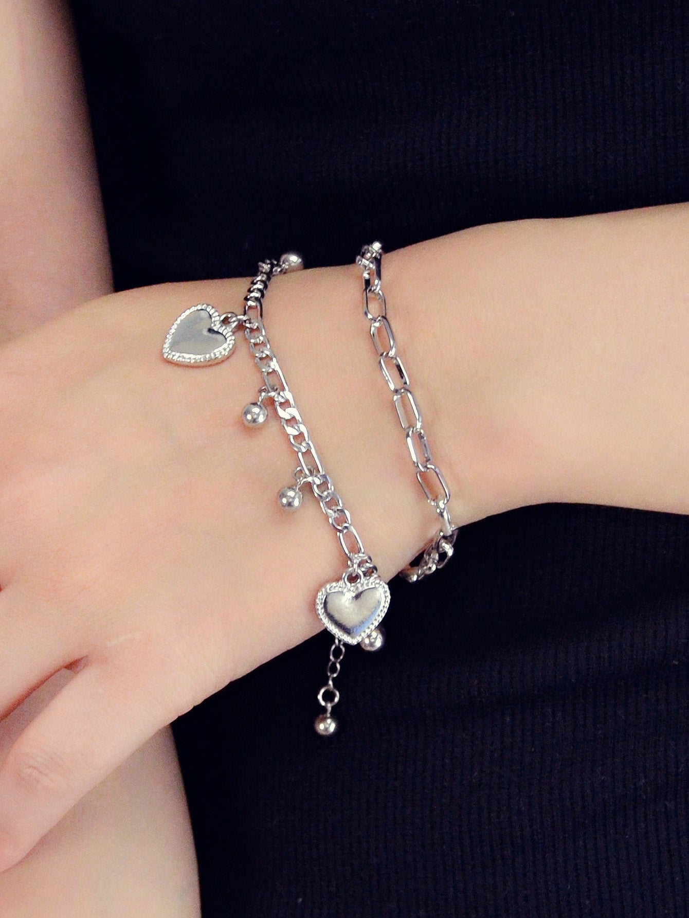 Ladies Jewellery Double layer Gold Silver Paperclip Chain Beads Heart Bracelet