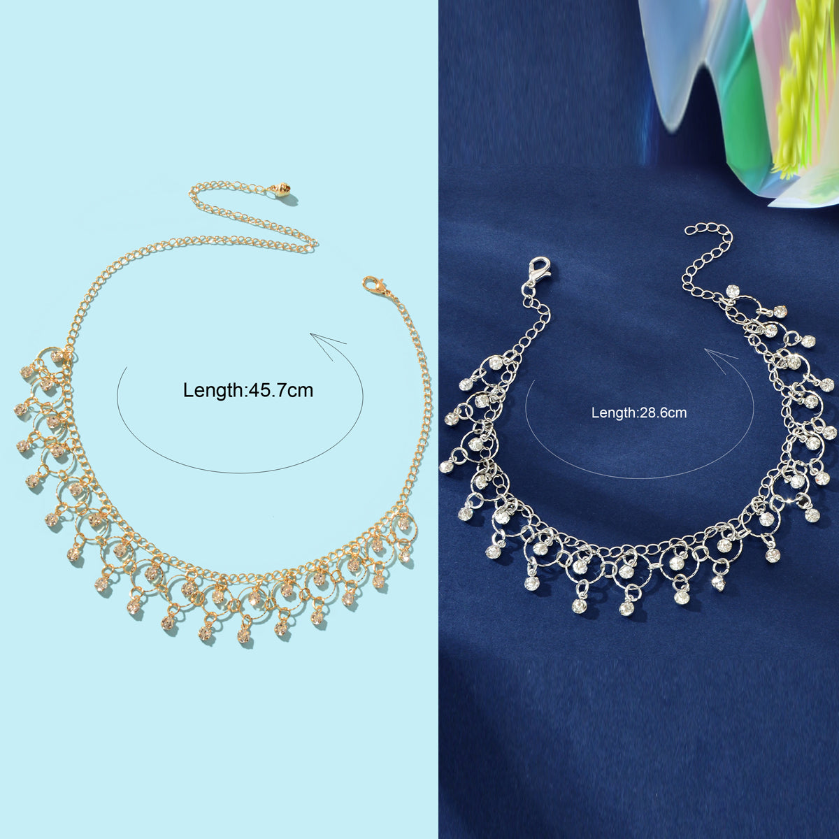 Fashion Jewelry set Rhinestone Decor Golden Chain Necklace and Silvery Chain Anklet