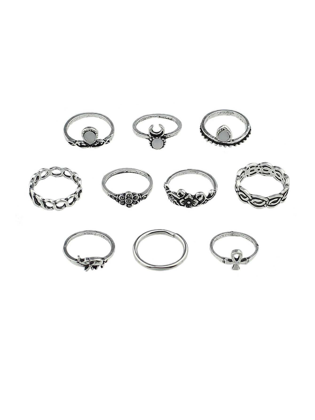 Stackable 10 pcs Tribal Ethnic Flower Elephant Vintage Multiple Finger Ring set