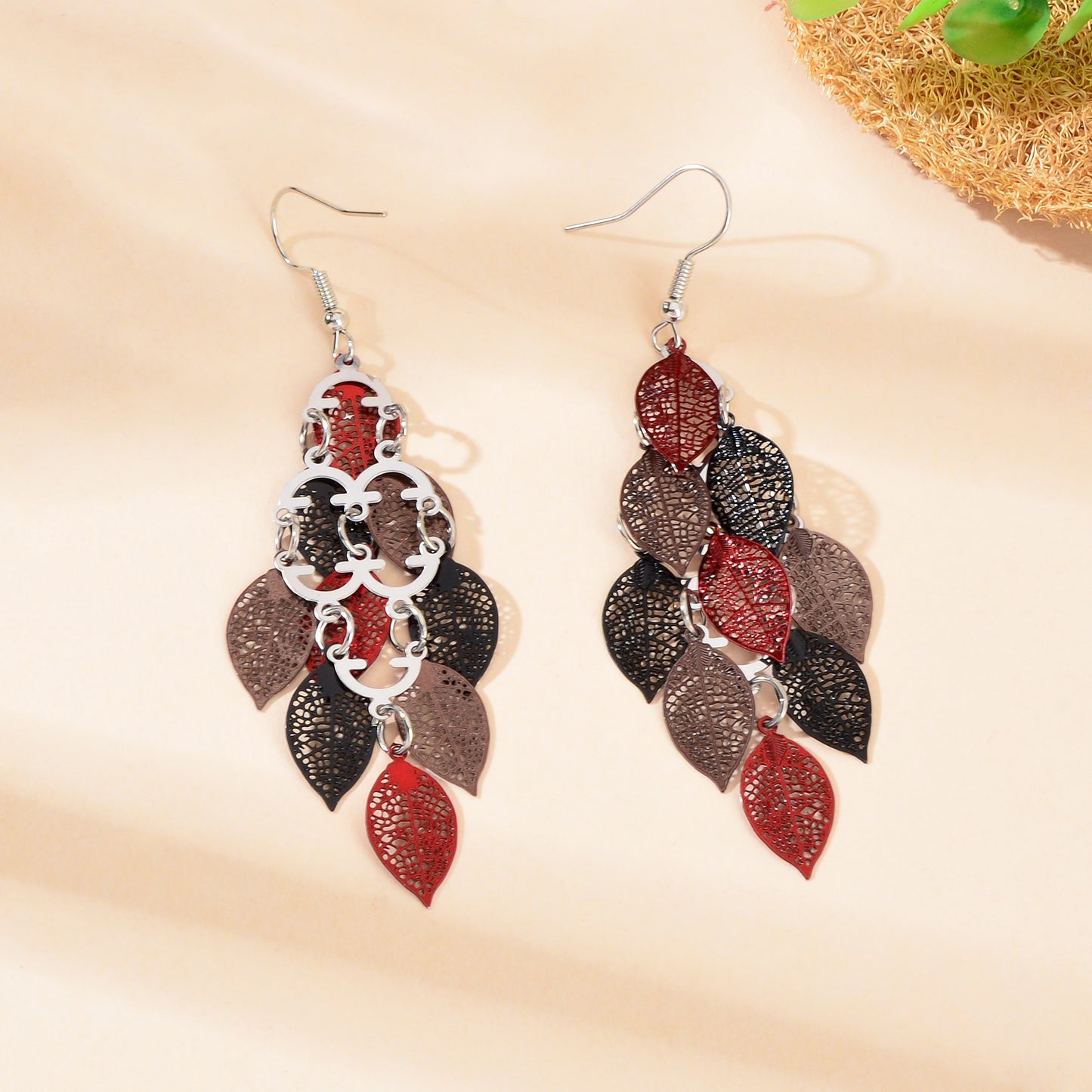 AU Local Bohemian Colorful Hollow Layered Leaf Stacks Hook Drop Dangle Earrings