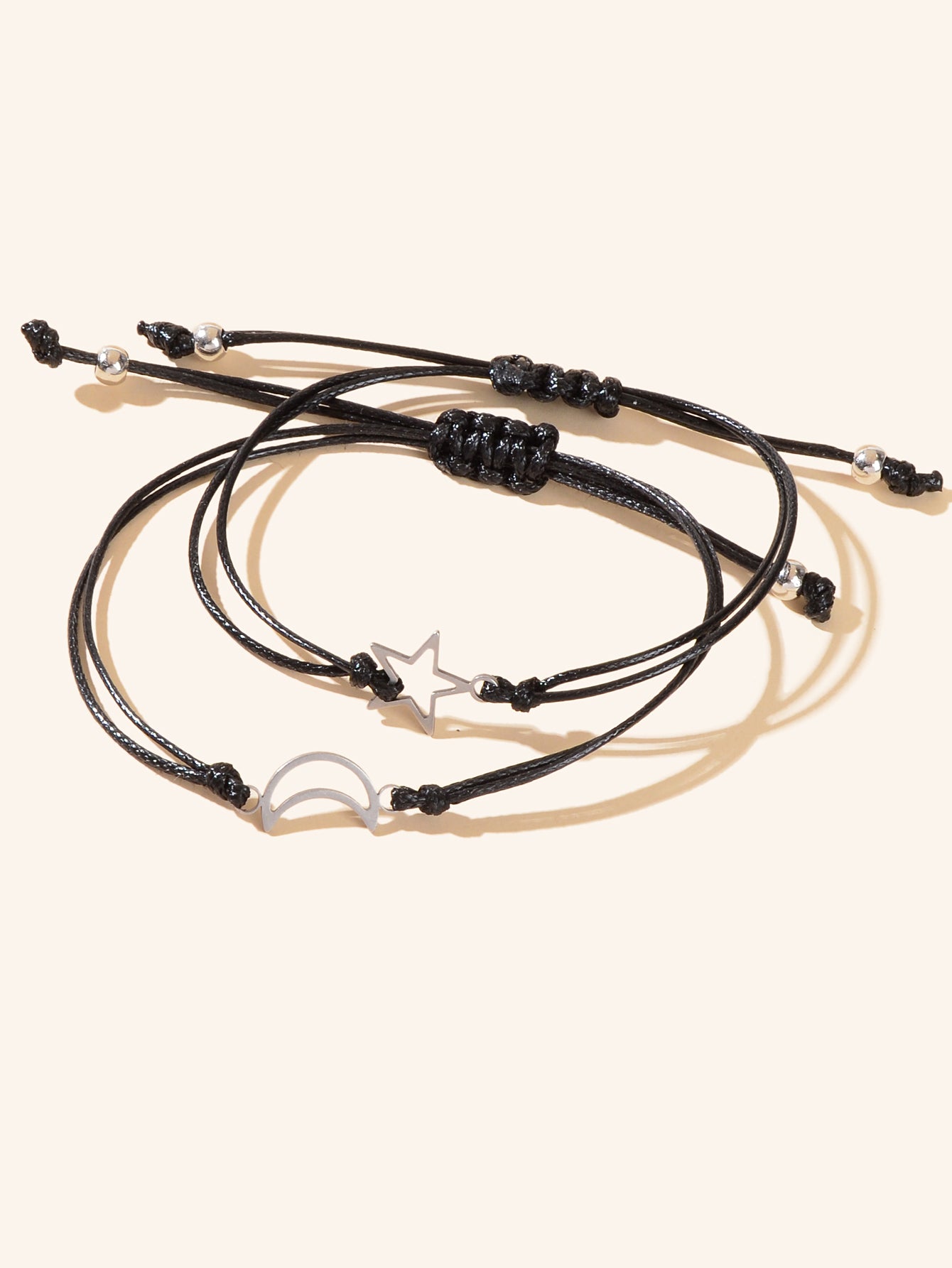 2 pcs Adjustable Black Braided Rope Silver Moon Star Couple Friendship Bracelet