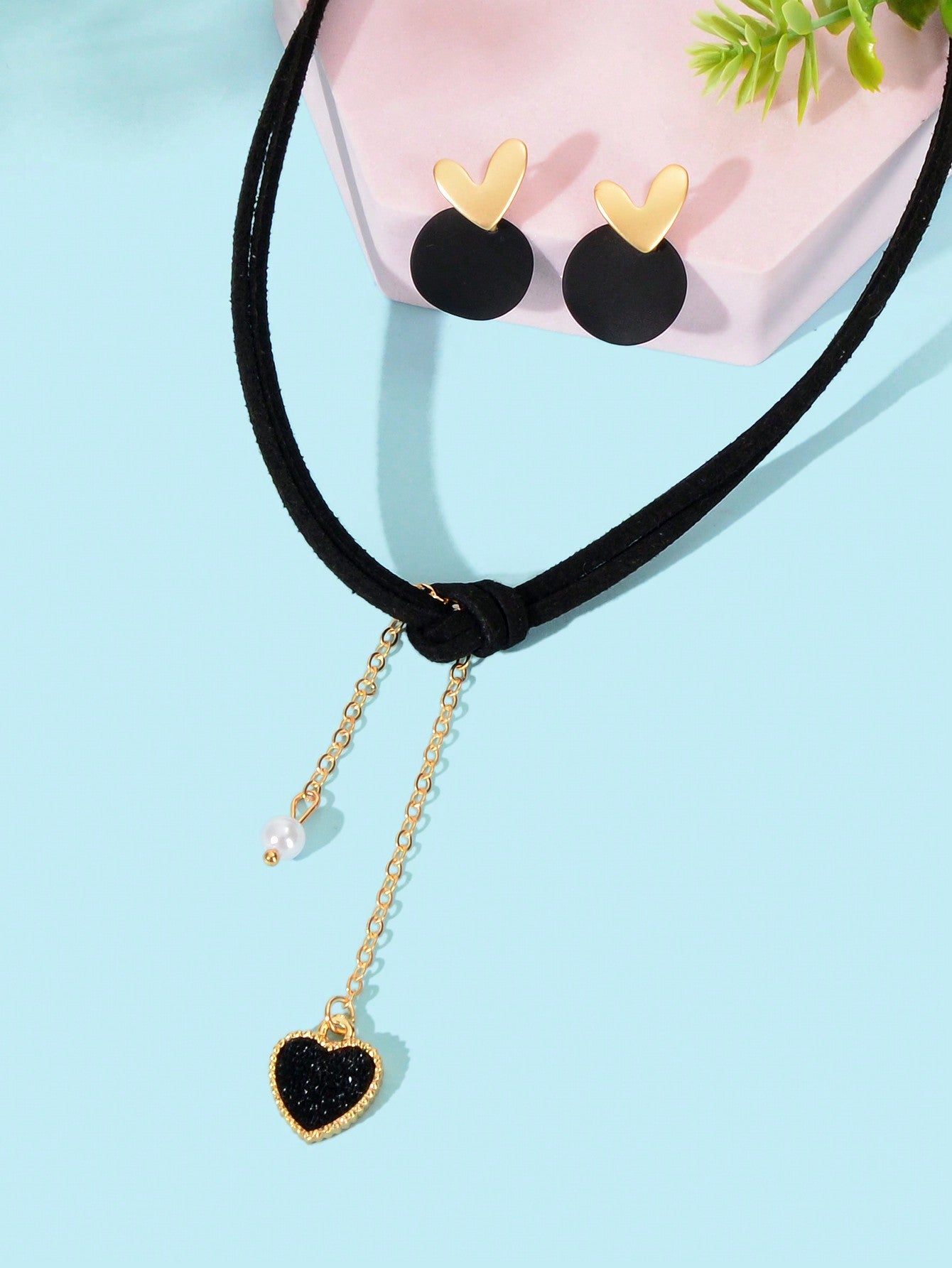 Black Heart Pendant Layered Necklace Earrings Set Elegant Jewelry Ensemble Gift