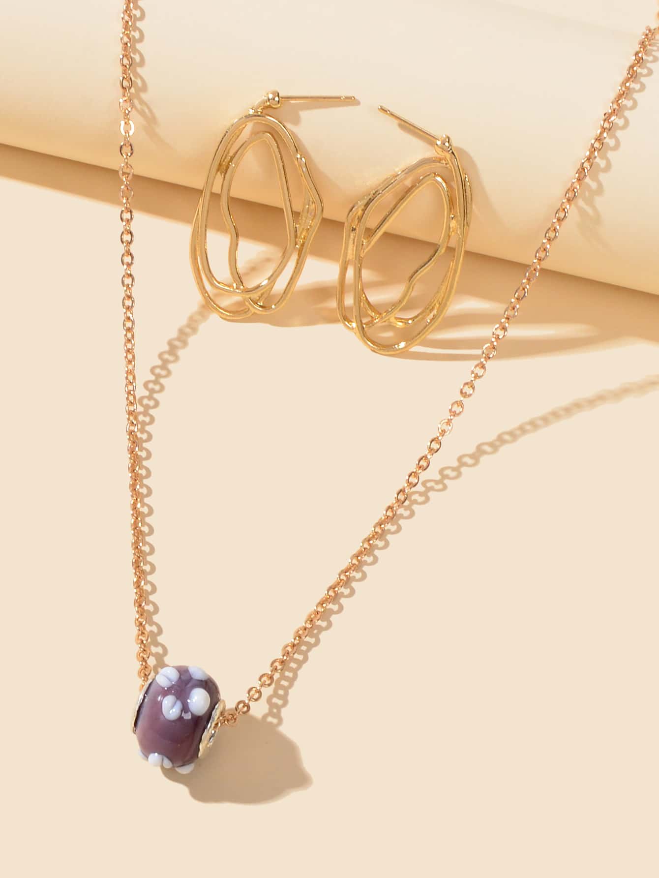Purple Pendant Necklace and Gold Earrings Set - Elegant Jewelry Ensemble Gift