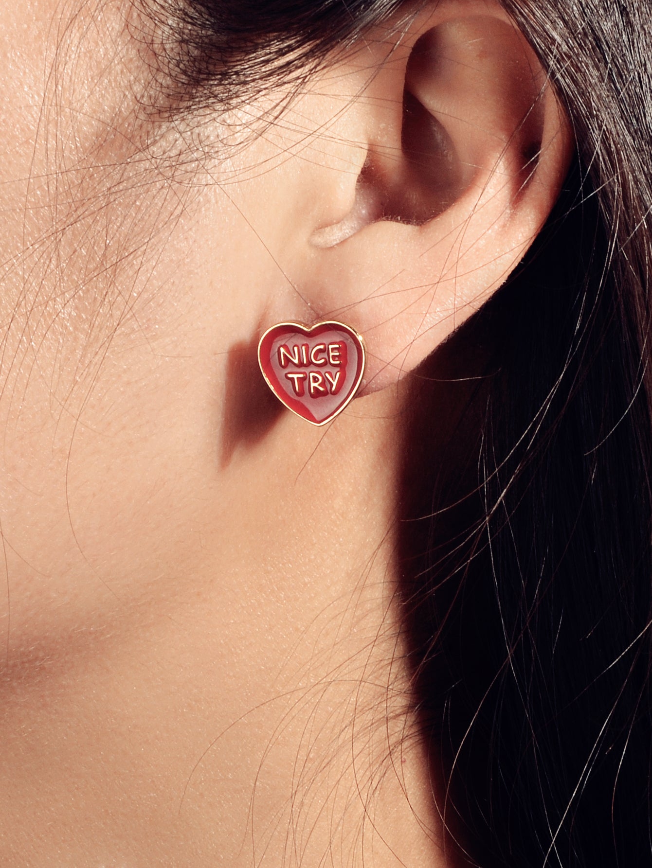 Dainty Gifts for Girls NICE TRY Letter Black Red Enamel Love Heart Stud Earrings