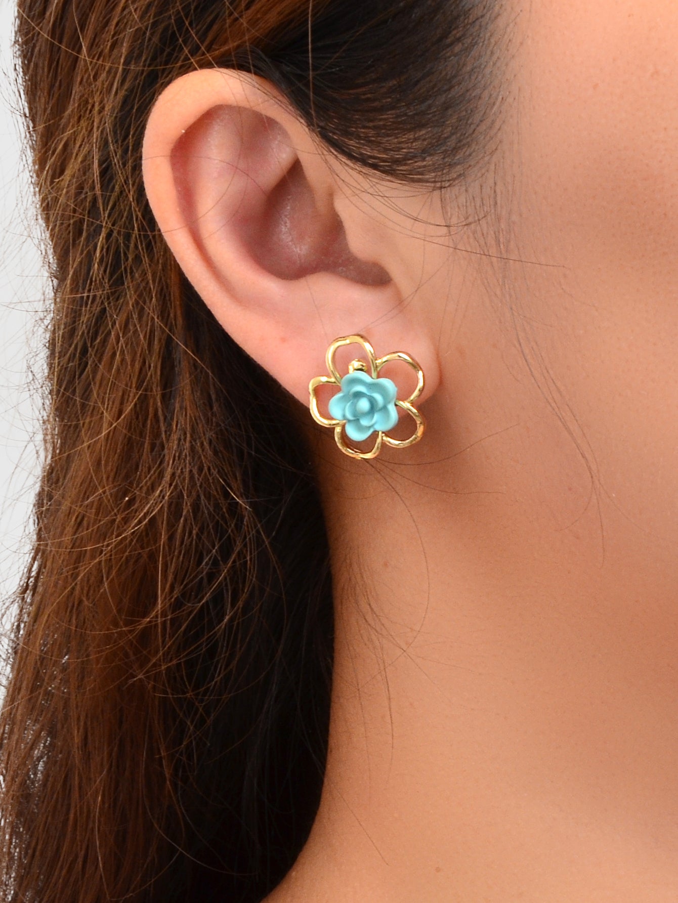 Delicate Blue Resin Flower Gold Hollow Hypoallergenic Stud Dainty Earrings Gift