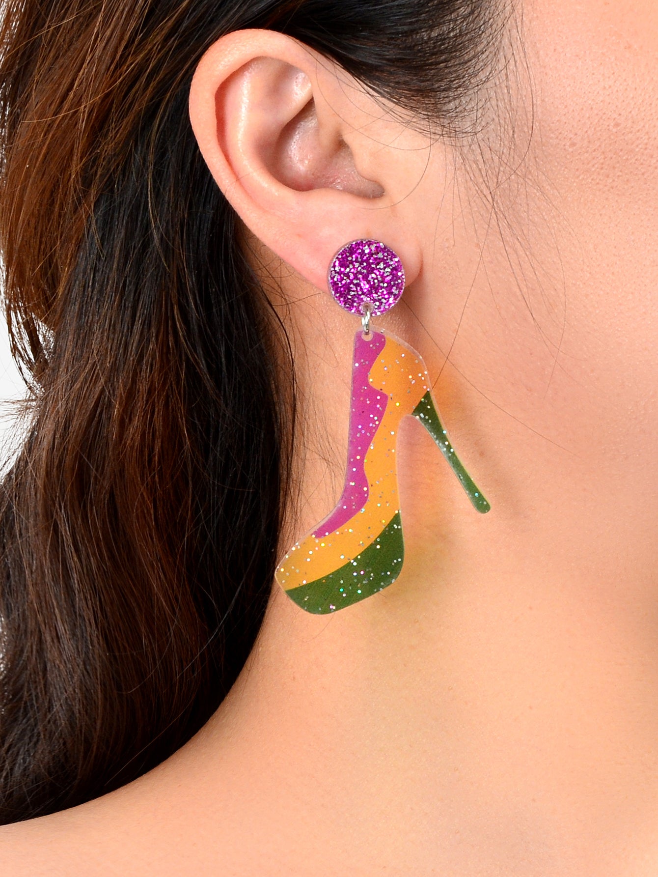 Funky Mixed Colour Acrylic Shiny Big High-heeled Shoes Novelty Dangle Earrings
