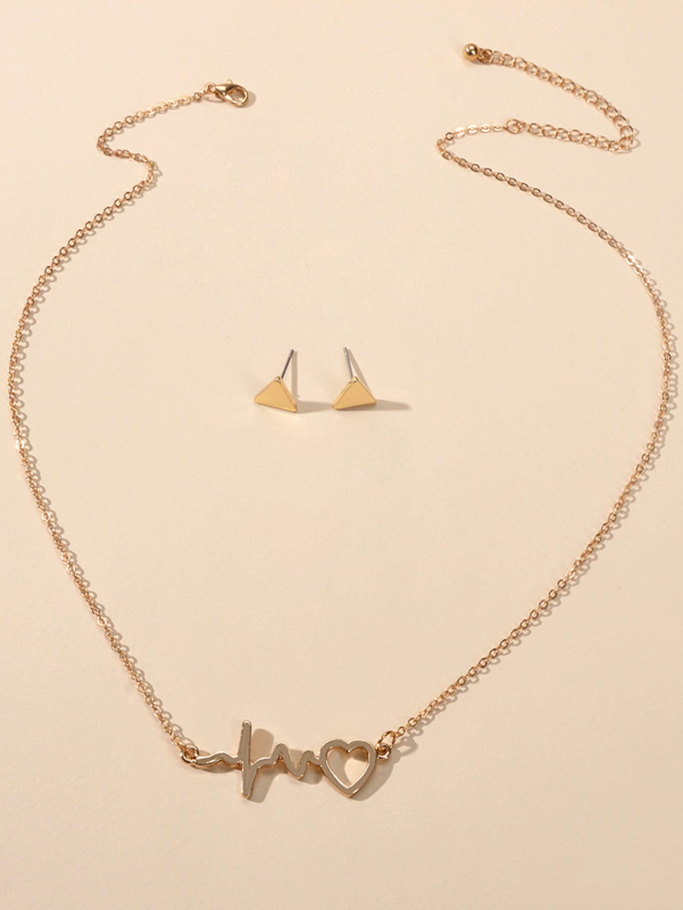 Minimalist Jewellery set Gold Chain Heartbeat Necklace and Triangle Earrings