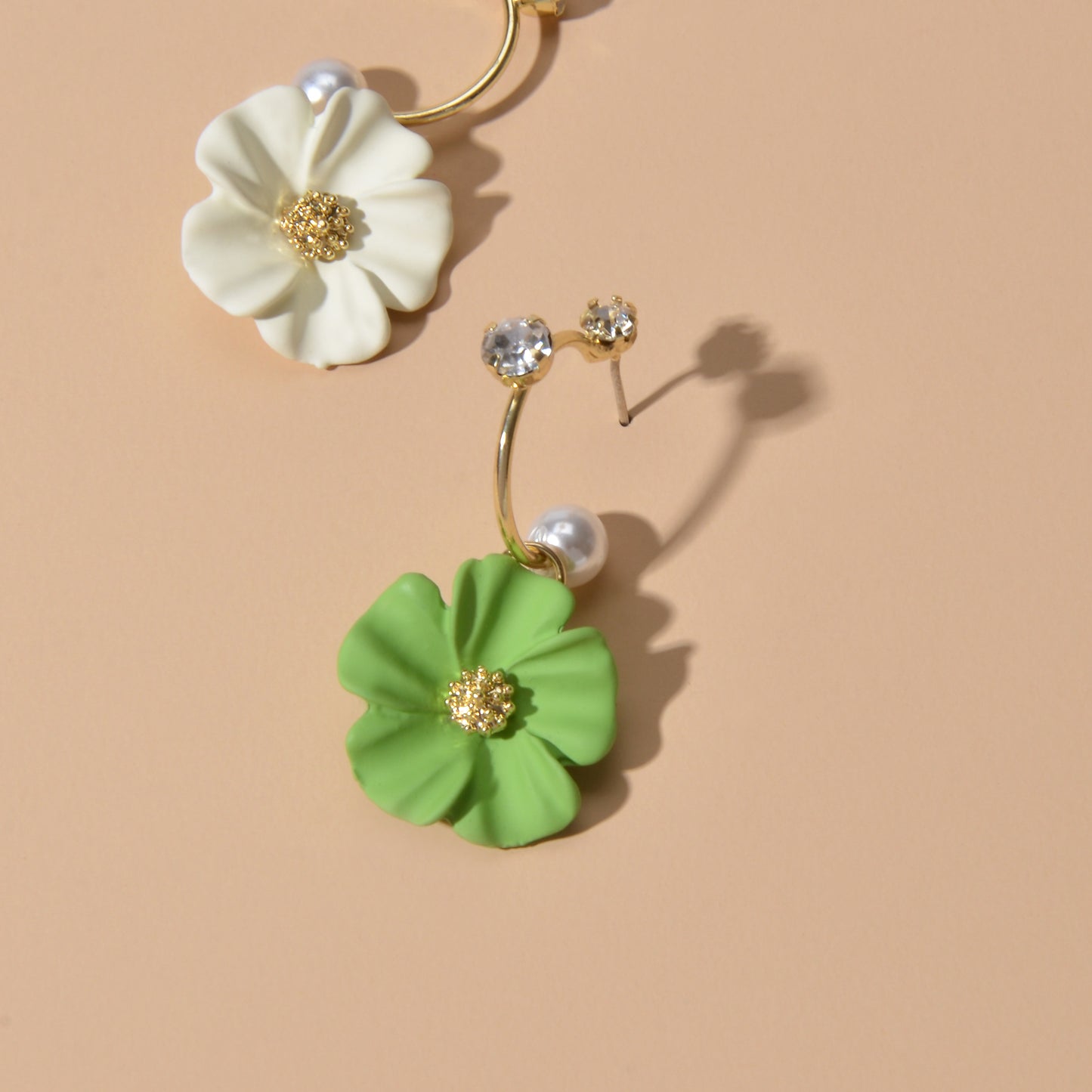Ladies Jewellery Rhinestone Pearl Yellow Green Flower Asymmetric Dangle Earrings