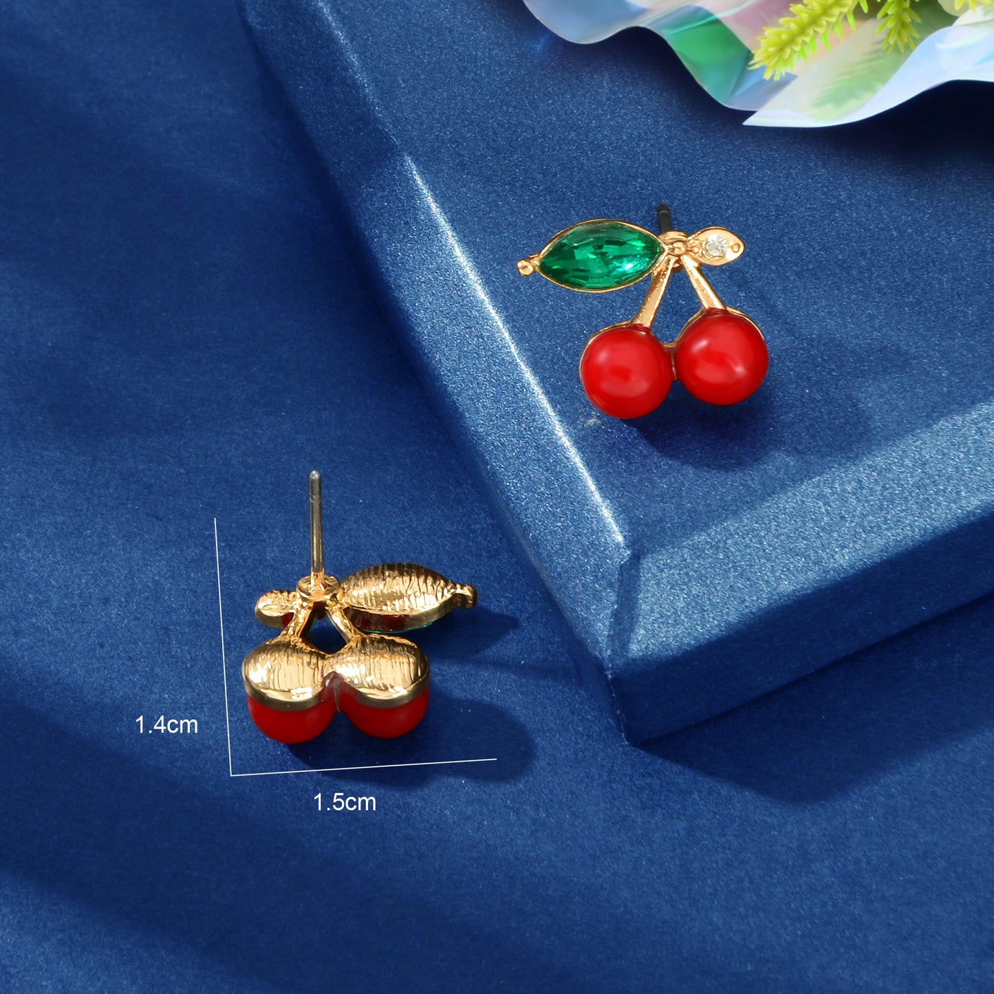 Lovely Fruit Jewellery Green Crystal Leaf Red Beads Stud Elegant Cherry Earrings