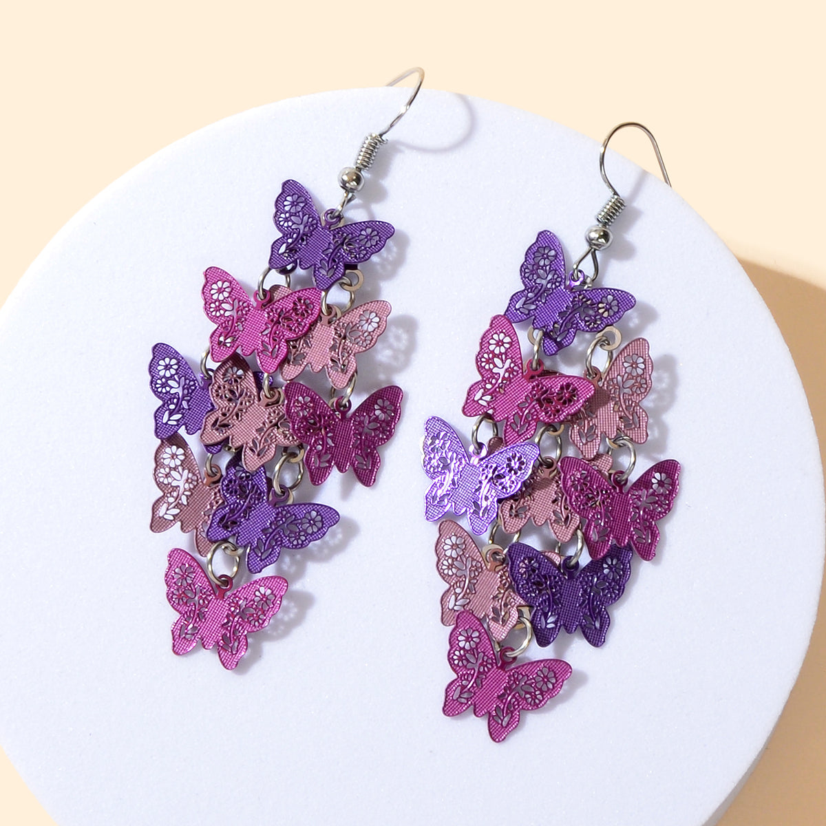 Women's Fashion Hot Pink Purple Hollow Multi-level Butterfly Chandelier Earrings