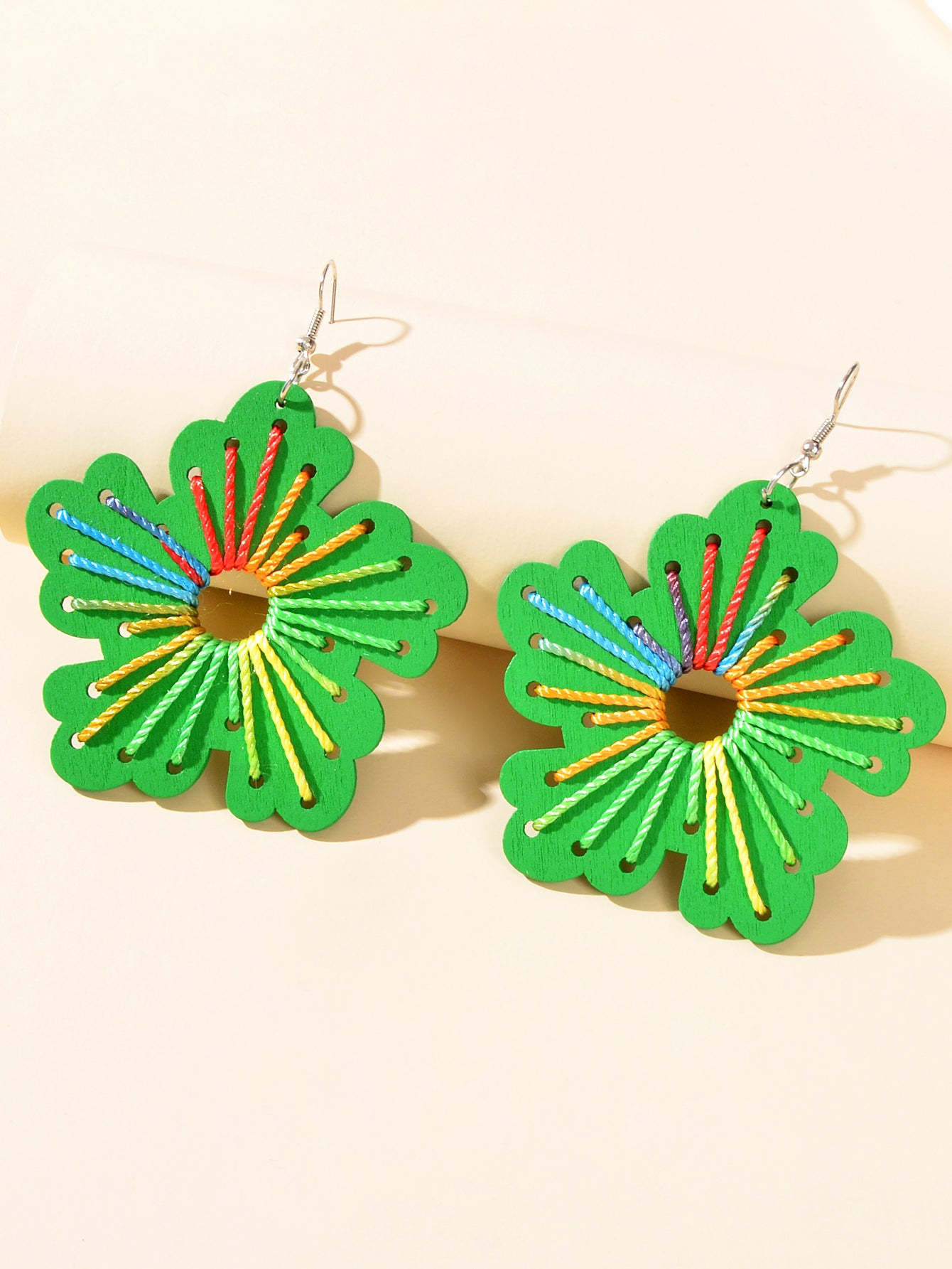Boho Handmade Jewellery Colorful Rope Braided Green Flower Wood Holiday Earrings