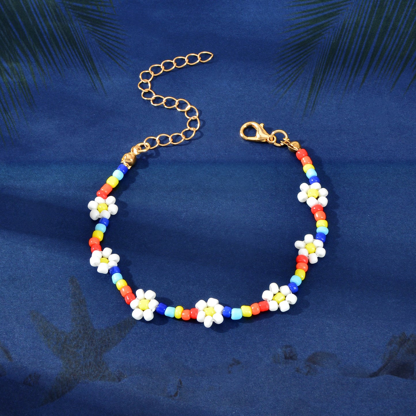 Bohemian Handmade Blue White Beaded Braided Flower Beach Anklet Foot Jewellery