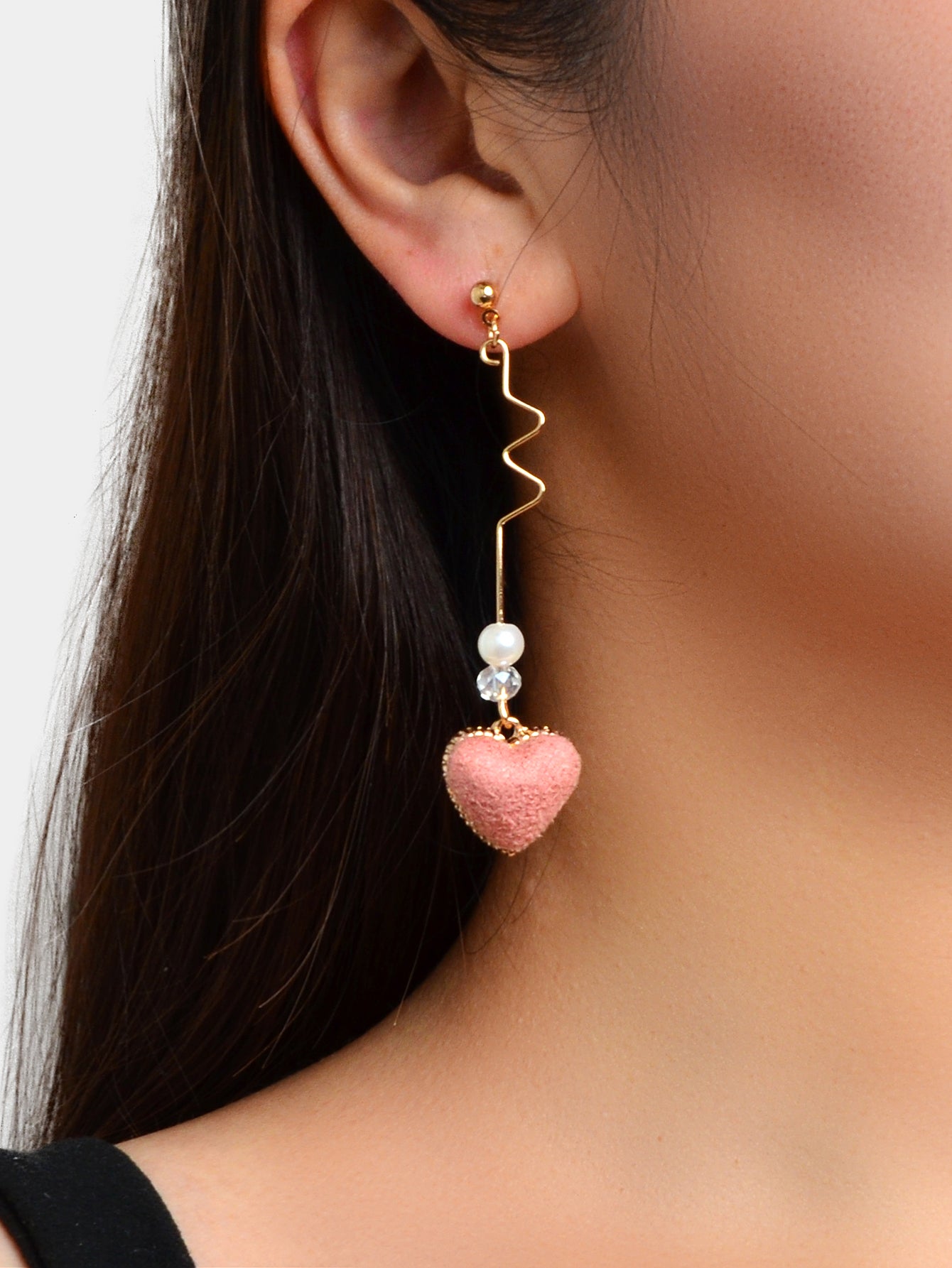 Valentine's Day Gift Bow Tie Pink Heart White Pom Pom Ball Asymmetrical Earrings