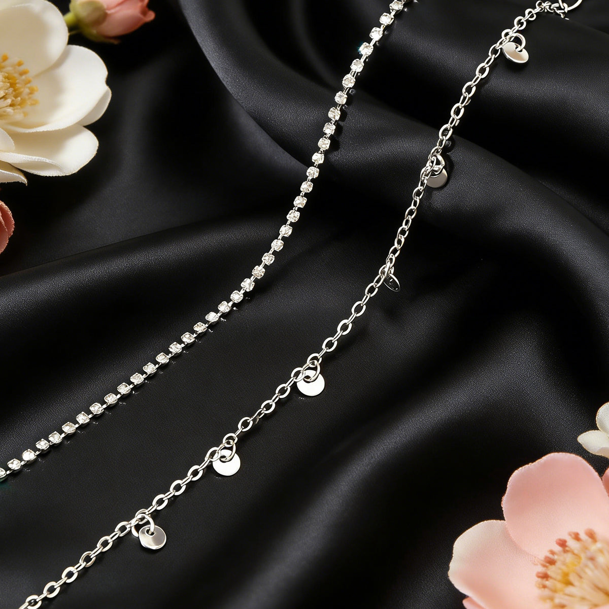 2pcs Women Rhinestone Gold Silver Chain Disc Charm Bracelet Fashion Accessories