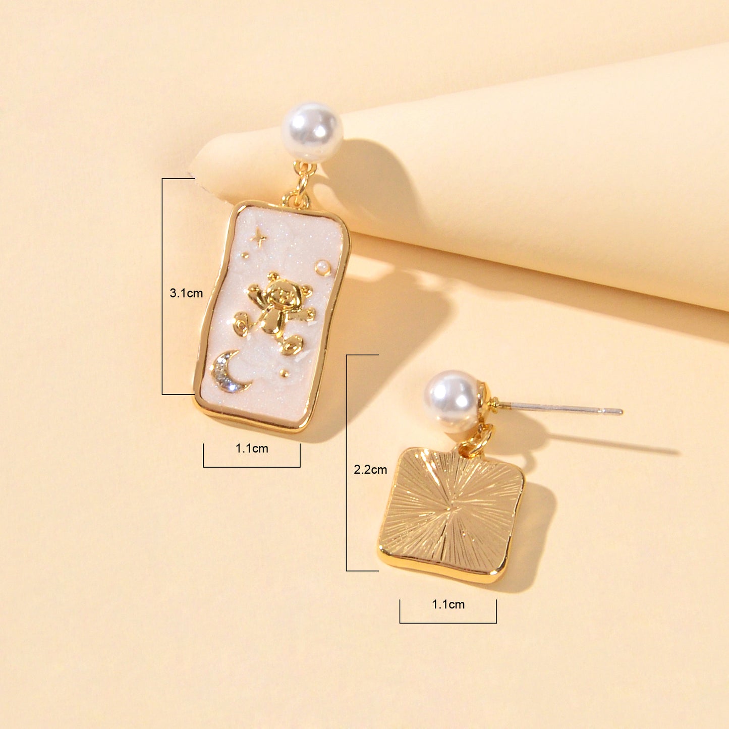 Funny Pearl White Enamel Bear Planet Star Pattern Square Asymmetric Earrings