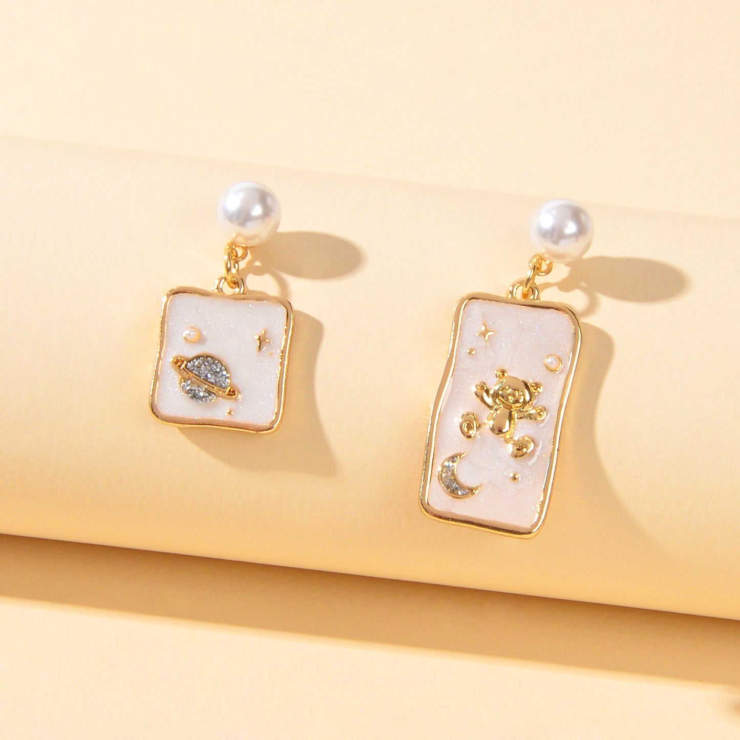 Funny Pearl White Enamel Bear Planet Star Pattern Square Asymmetric Earrings
