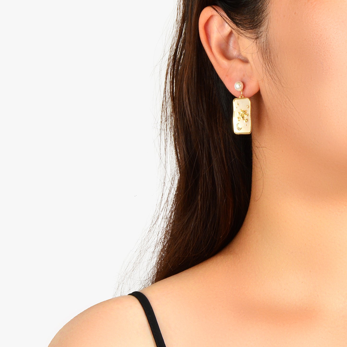 Funny Pearl White Enamel Bear Planet Star Pattern Square Asymmetric Earrings