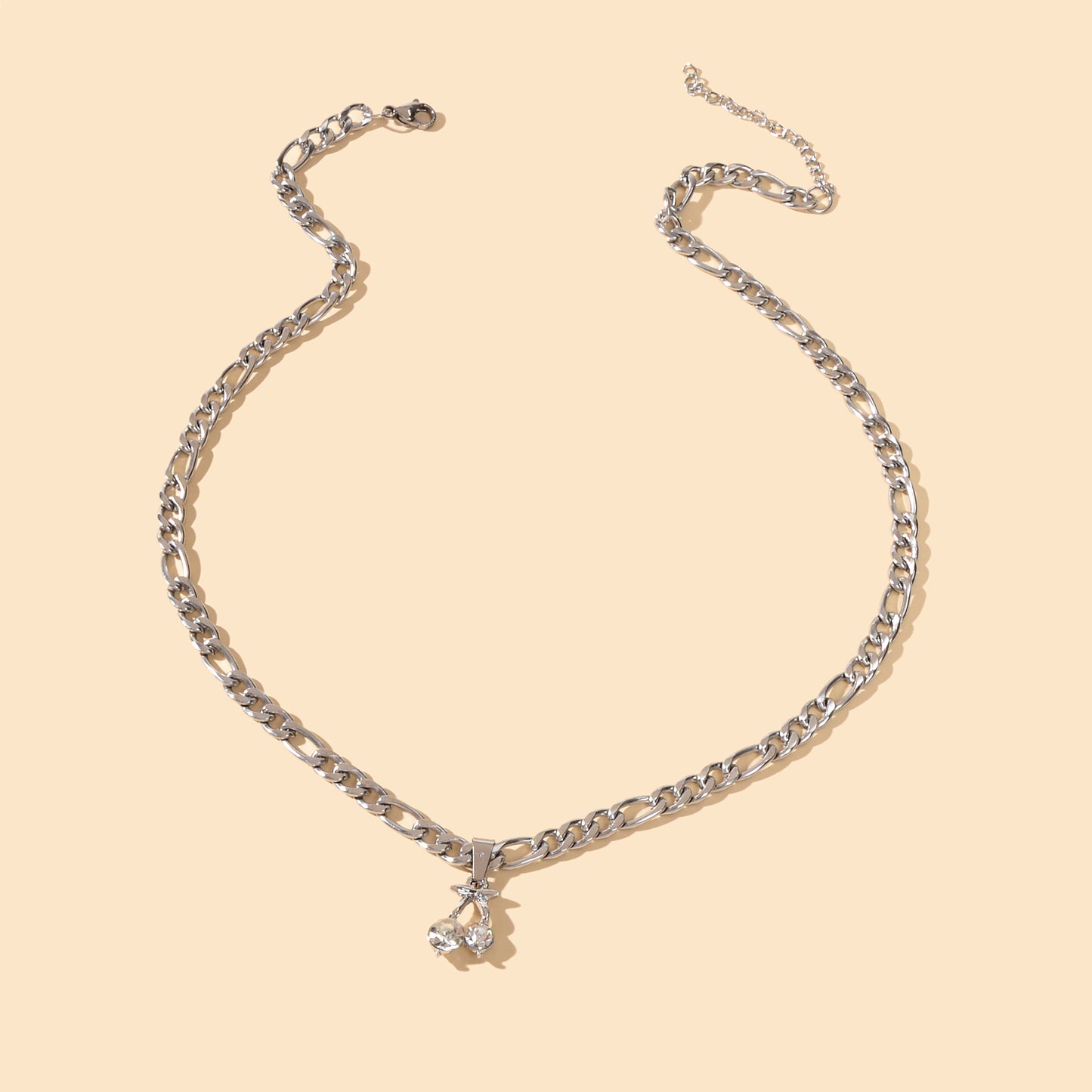 Retro Punk Silver Chain Rhinestone Decor Cherry Charm Necklace Women Accessories