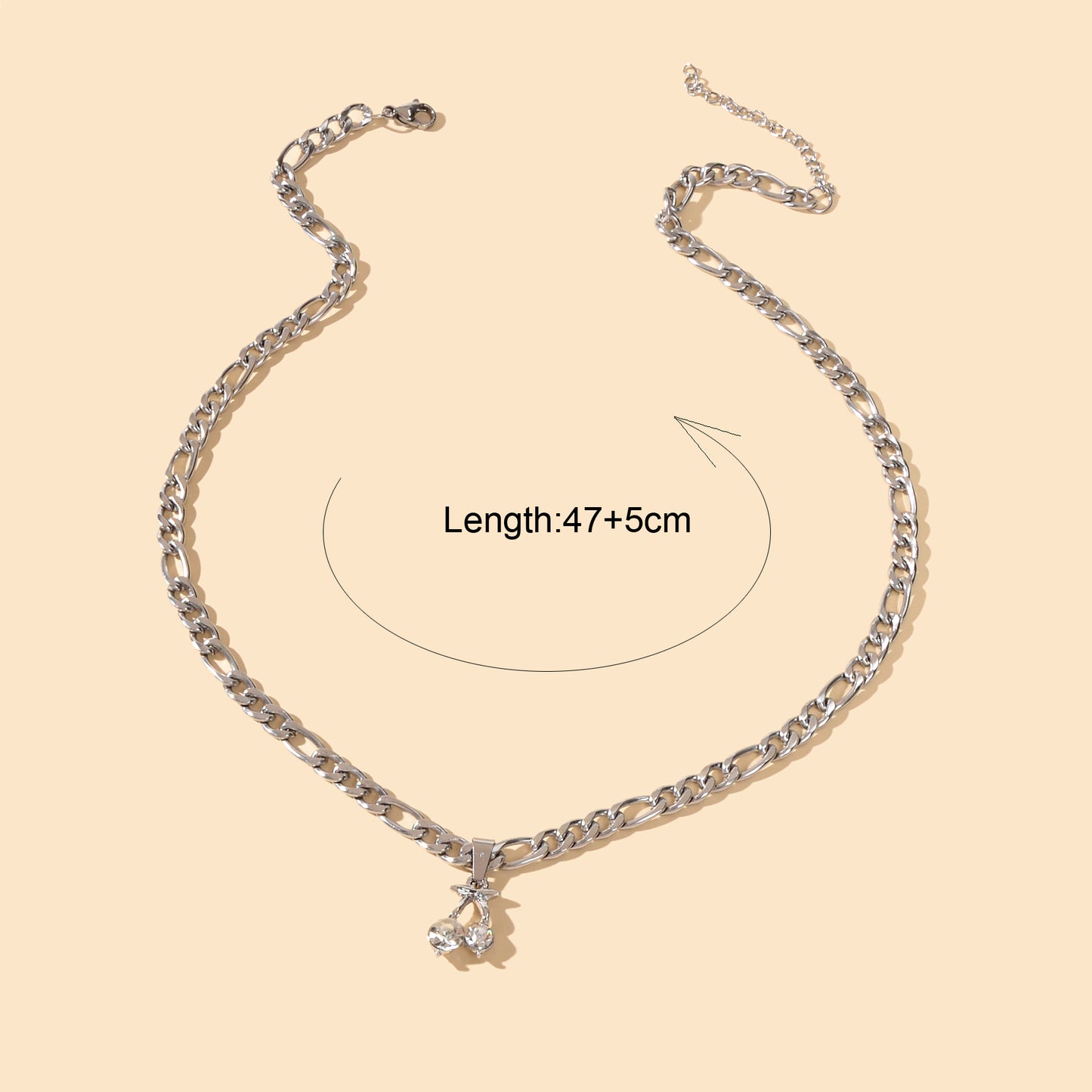 Retro Punk Silver Chain Rhinestone Decor Cherry Charm Necklace Women Accessories