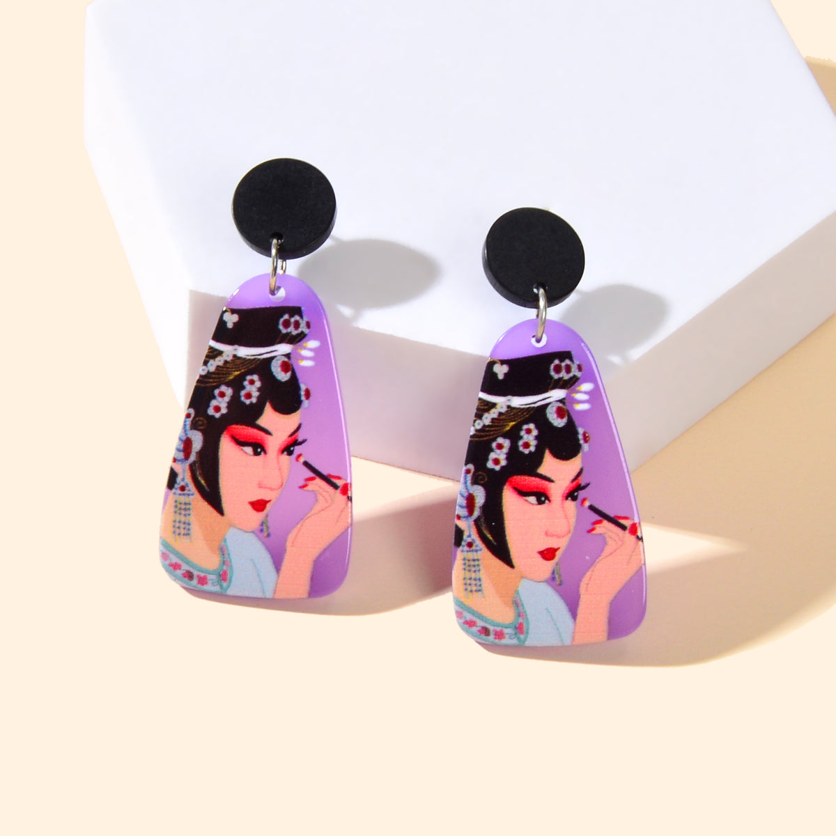 Chinese Style Jewellery Purple Peking Opera Figure Pattern Resin Dangle Earrings
