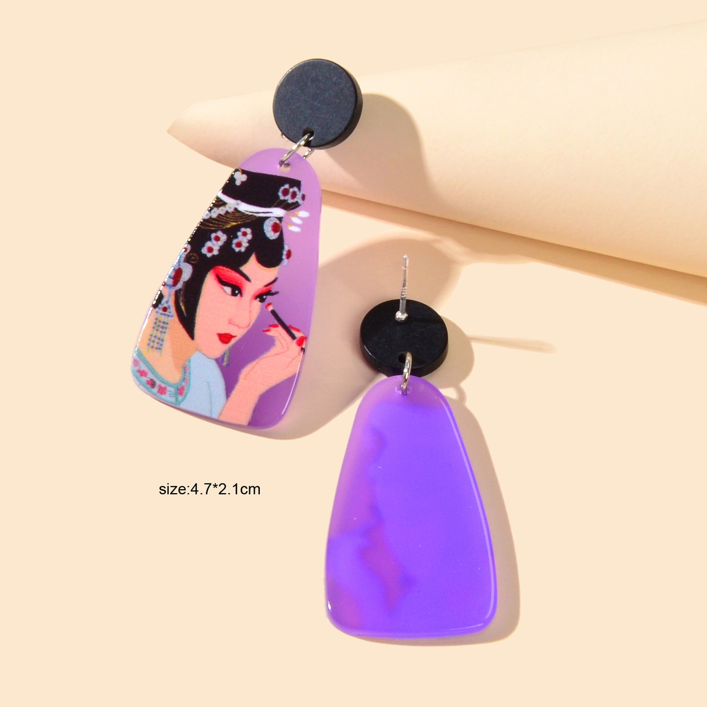 Chinese Style Jewellery Purple Peking Opera Figure Pattern Resin Dangle Earrings
