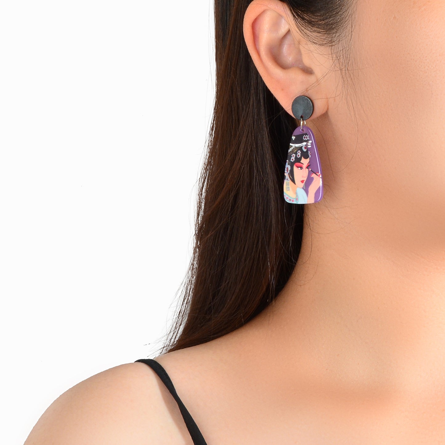Chinese Style Jewellery Purple Peking Opera Figure Pattern Resin Dangle Earrings