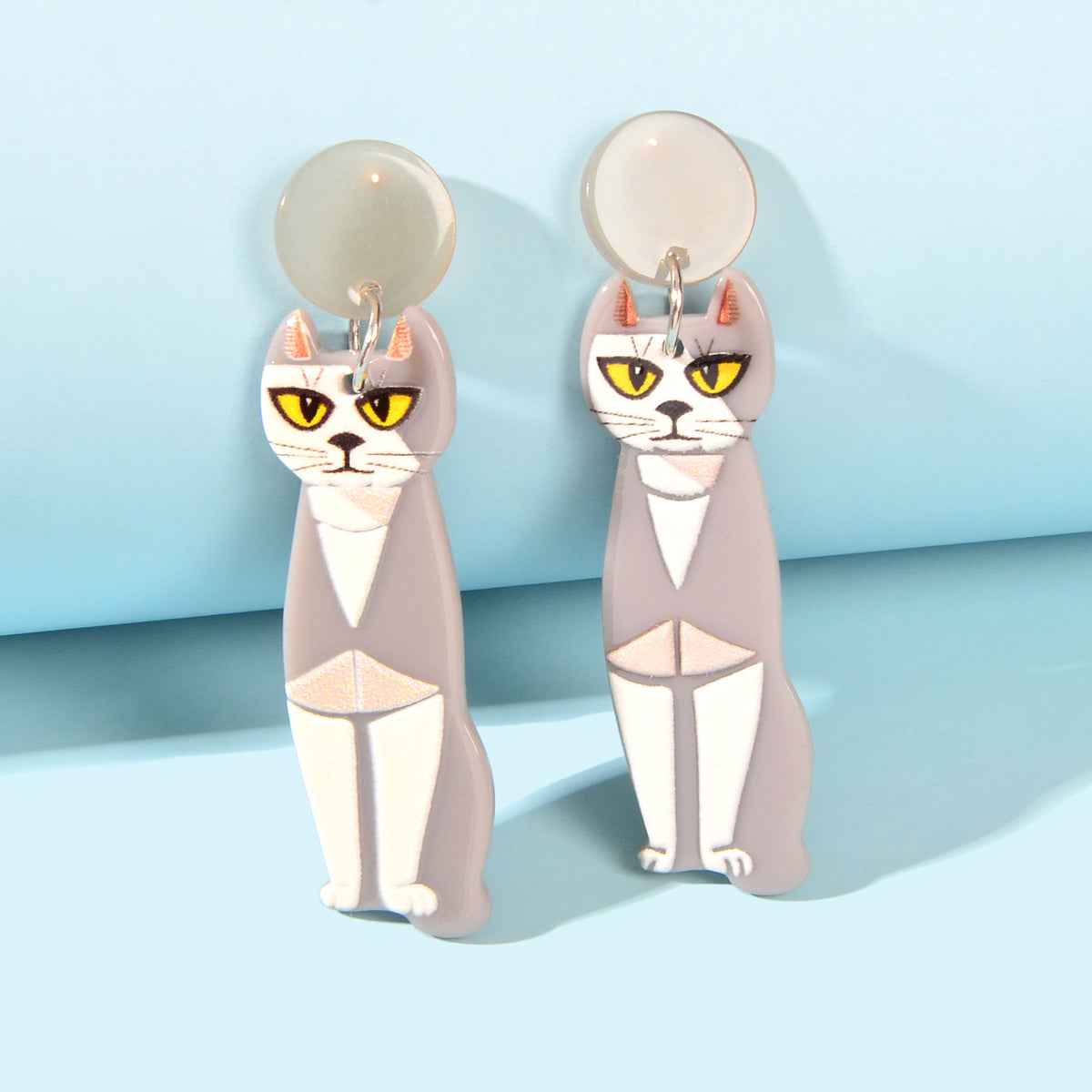 Cartoon Design Gray Resin Acrylic Cat Big Earrings Personality Women Accessories