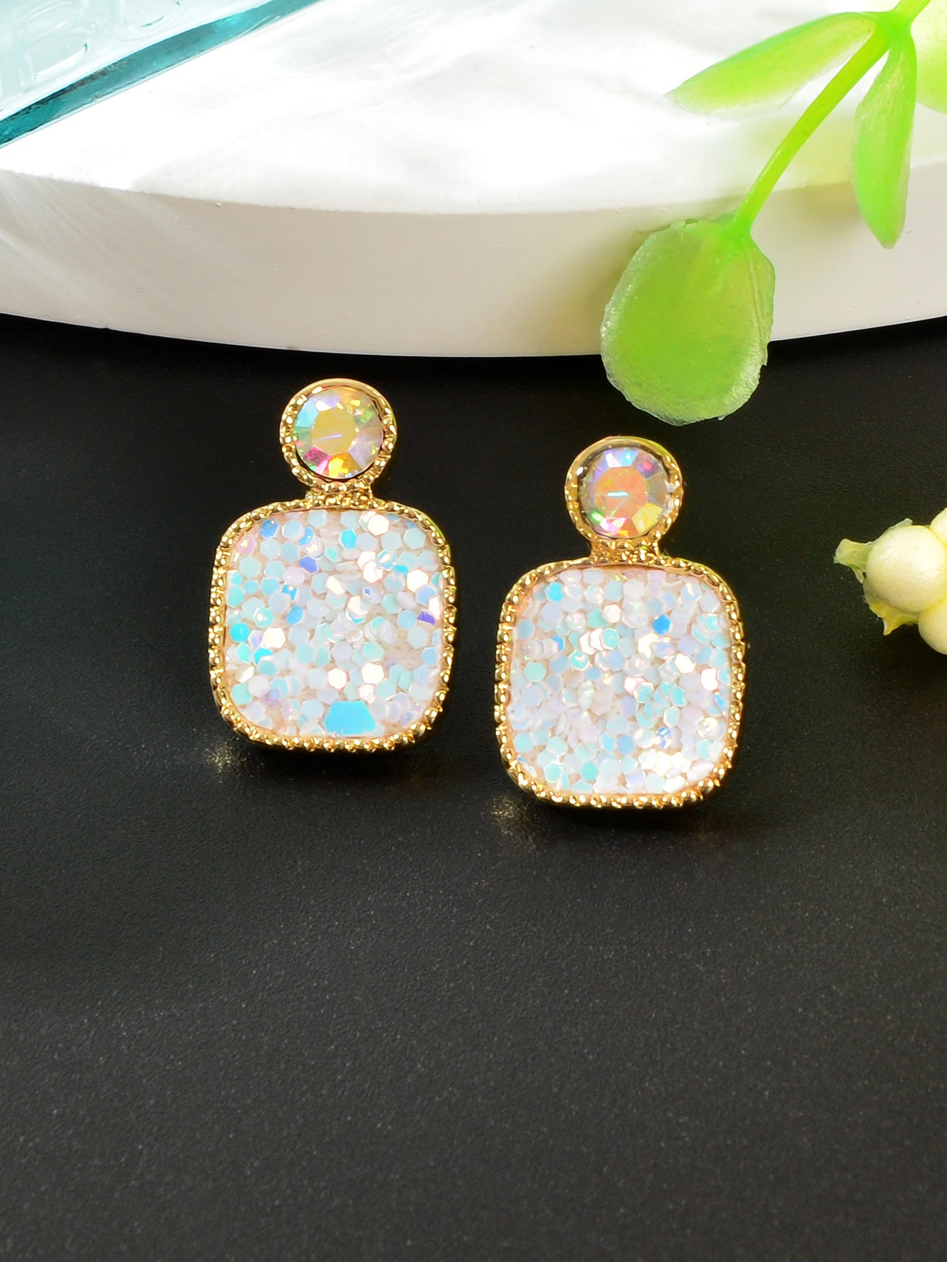 Colorful Square Glitter Sparkle Stud Earrings - Trendy Fashion Jewelry Accessory