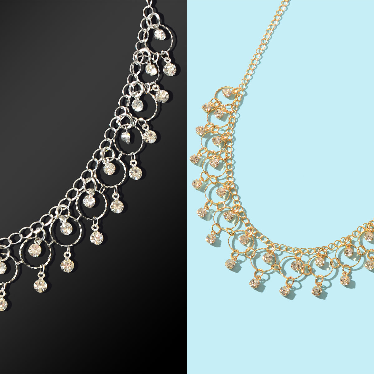 Fashion Jewelry set Rhinestone Decor Golden Chain Necklace and Silvery Chain Anklet