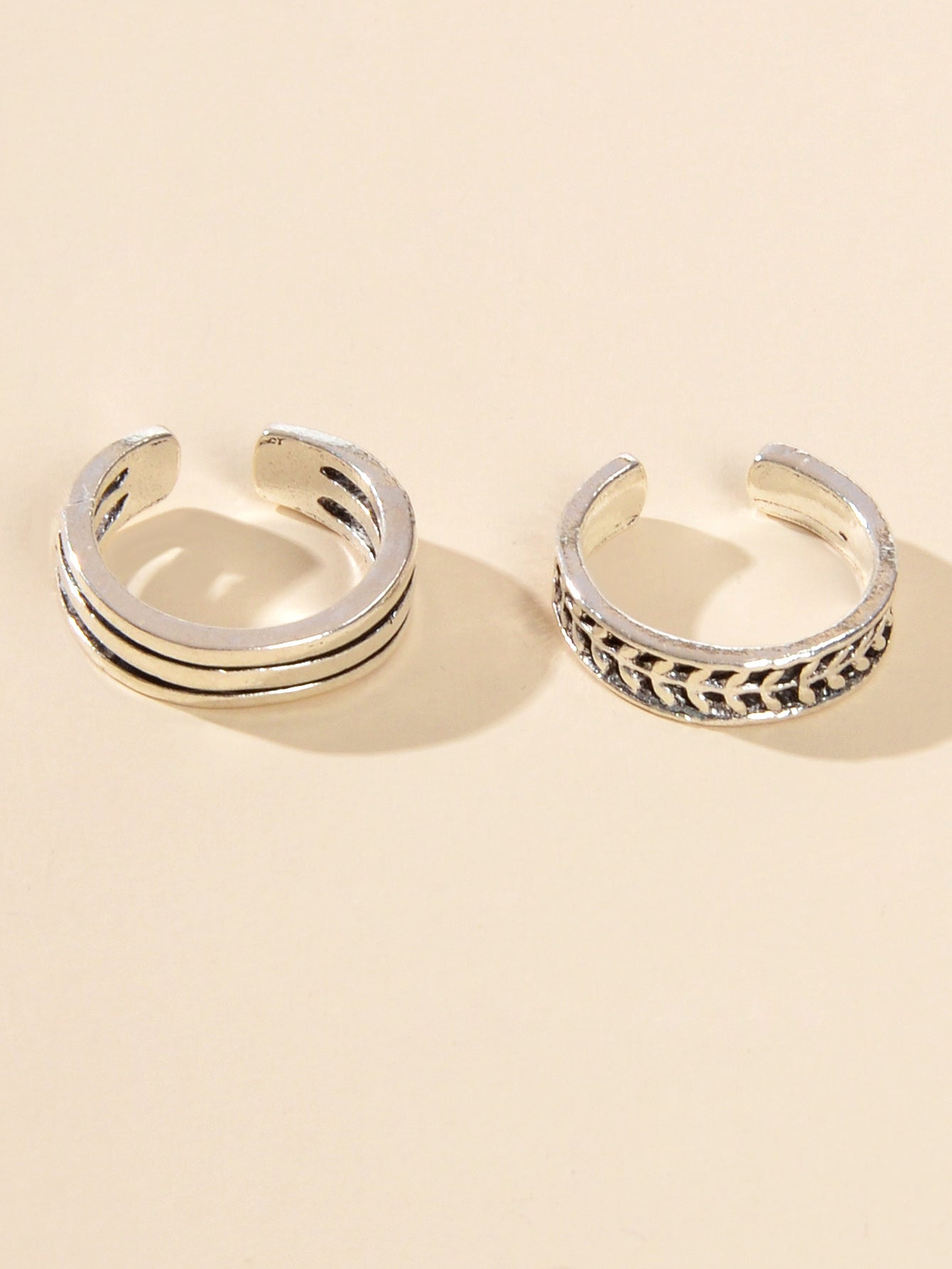 2 pcs Vintage Silver Teens Carved Leaf Multiple Stackable Open Cuff Toe Rings