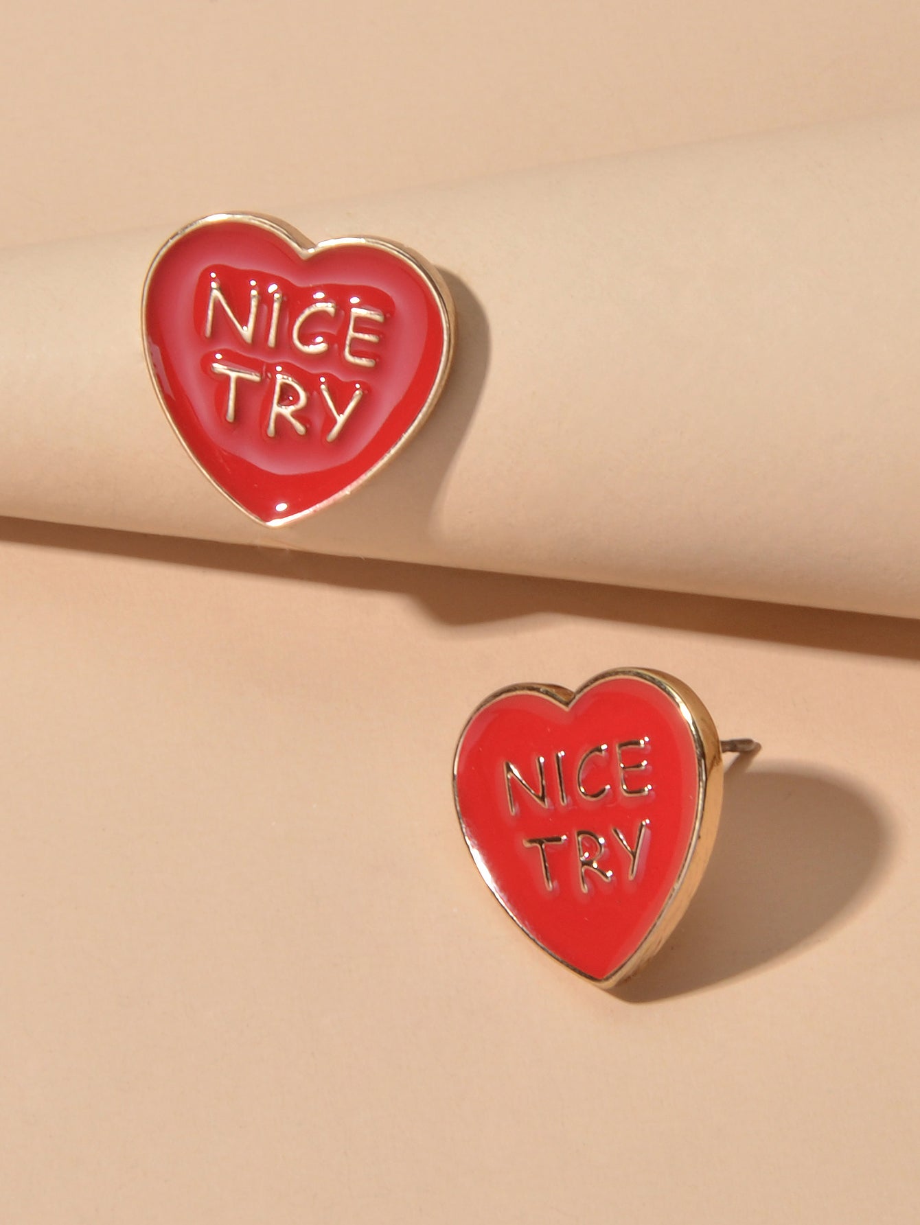 Dainty Gifts for Girls NICE TRY Letter Black Red Enamel Love Heart Stud Earrings