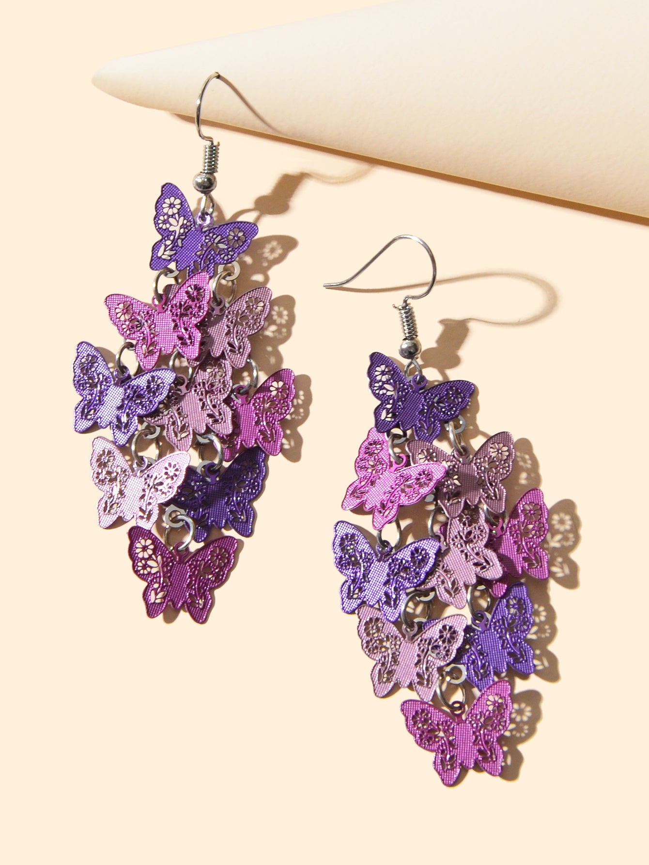 Women's Fashion Hot Pink Purple Hollow Multi-level Butterfly Chandelier Earrings