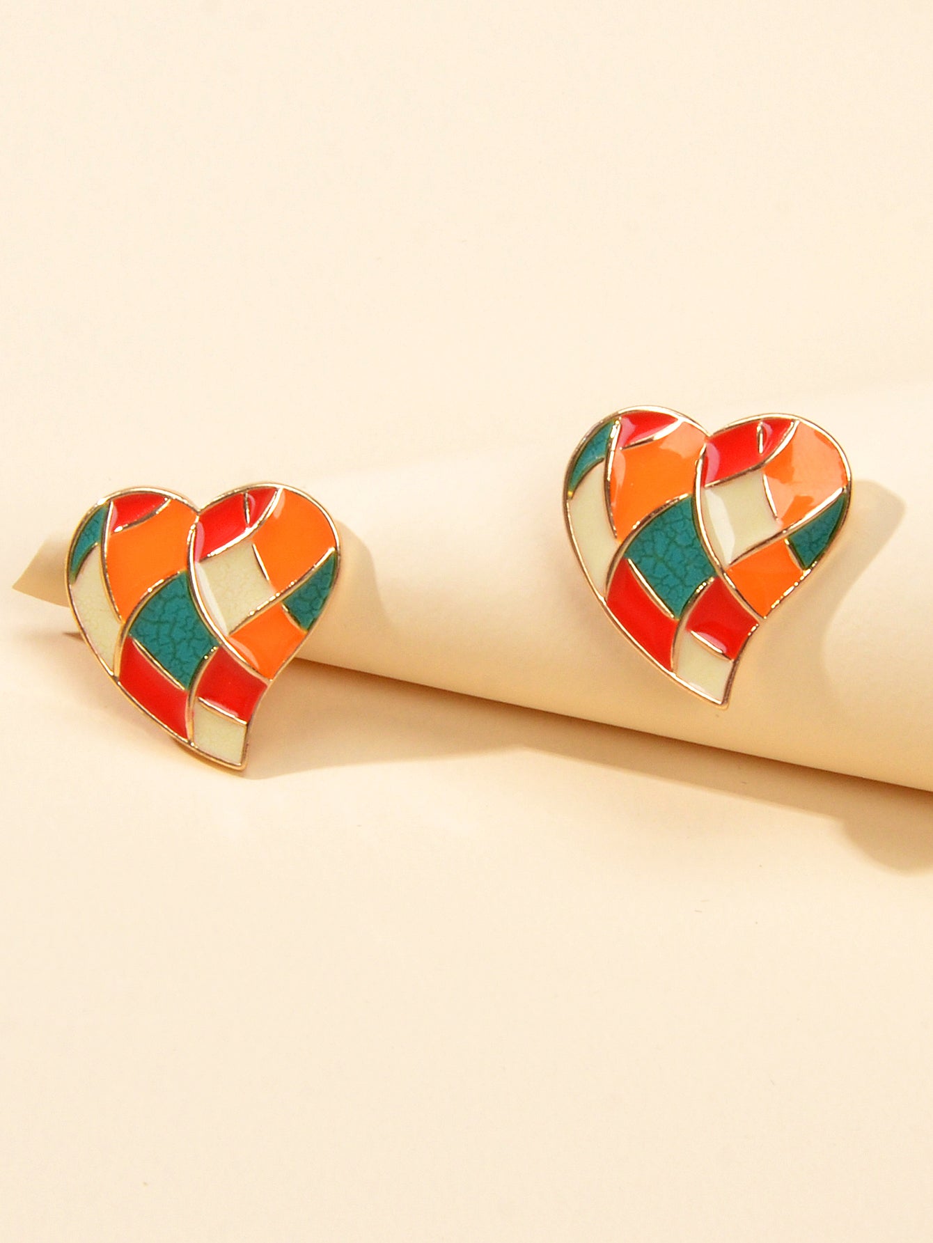 Candy Color Enamel Checkerboard Love Heart Stud Earrings Retro Trendy Accessory