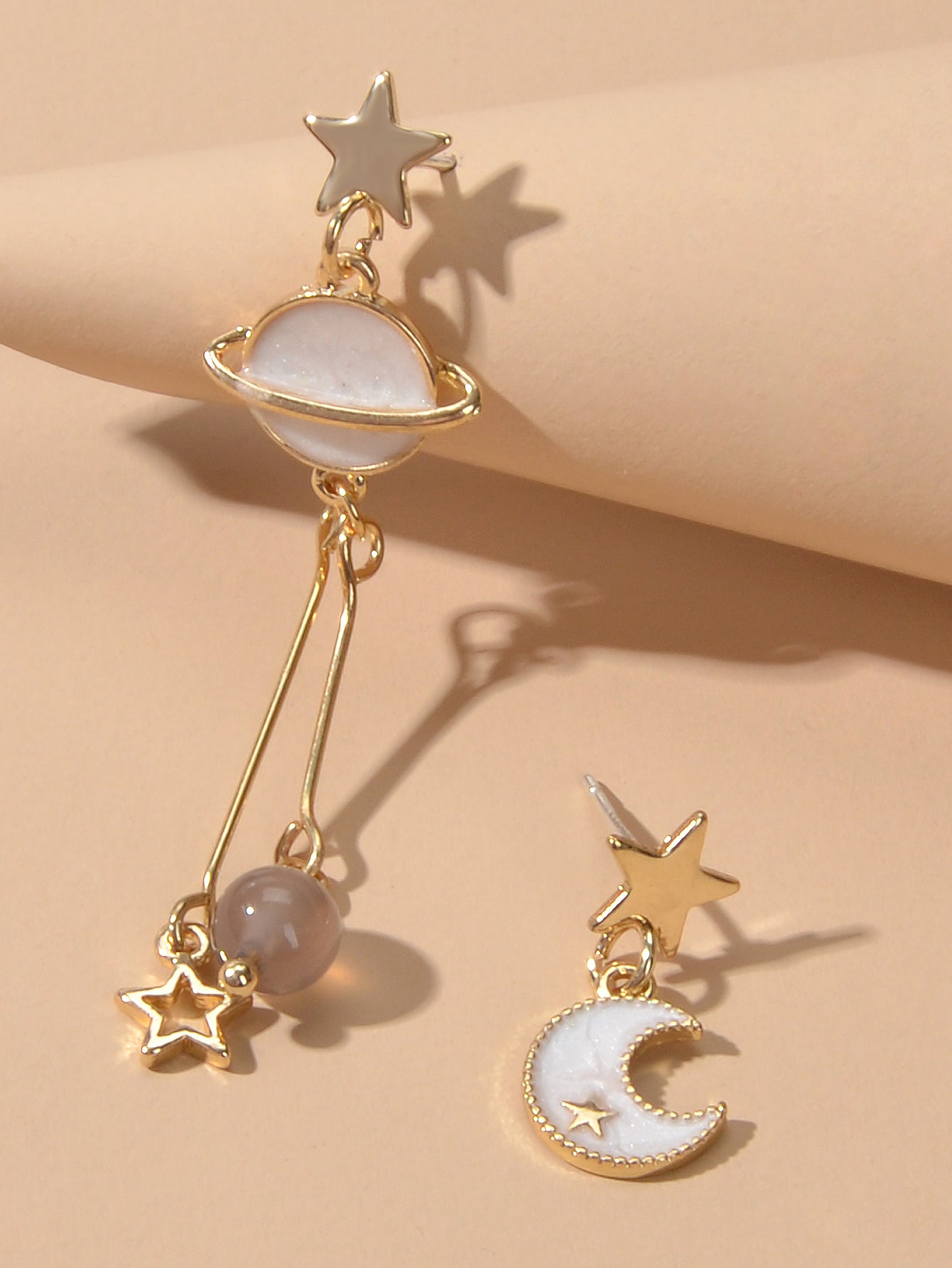 Stunning Gold Chain White Moon Planet Star Charm Stud Drop Asymmetric Earrings