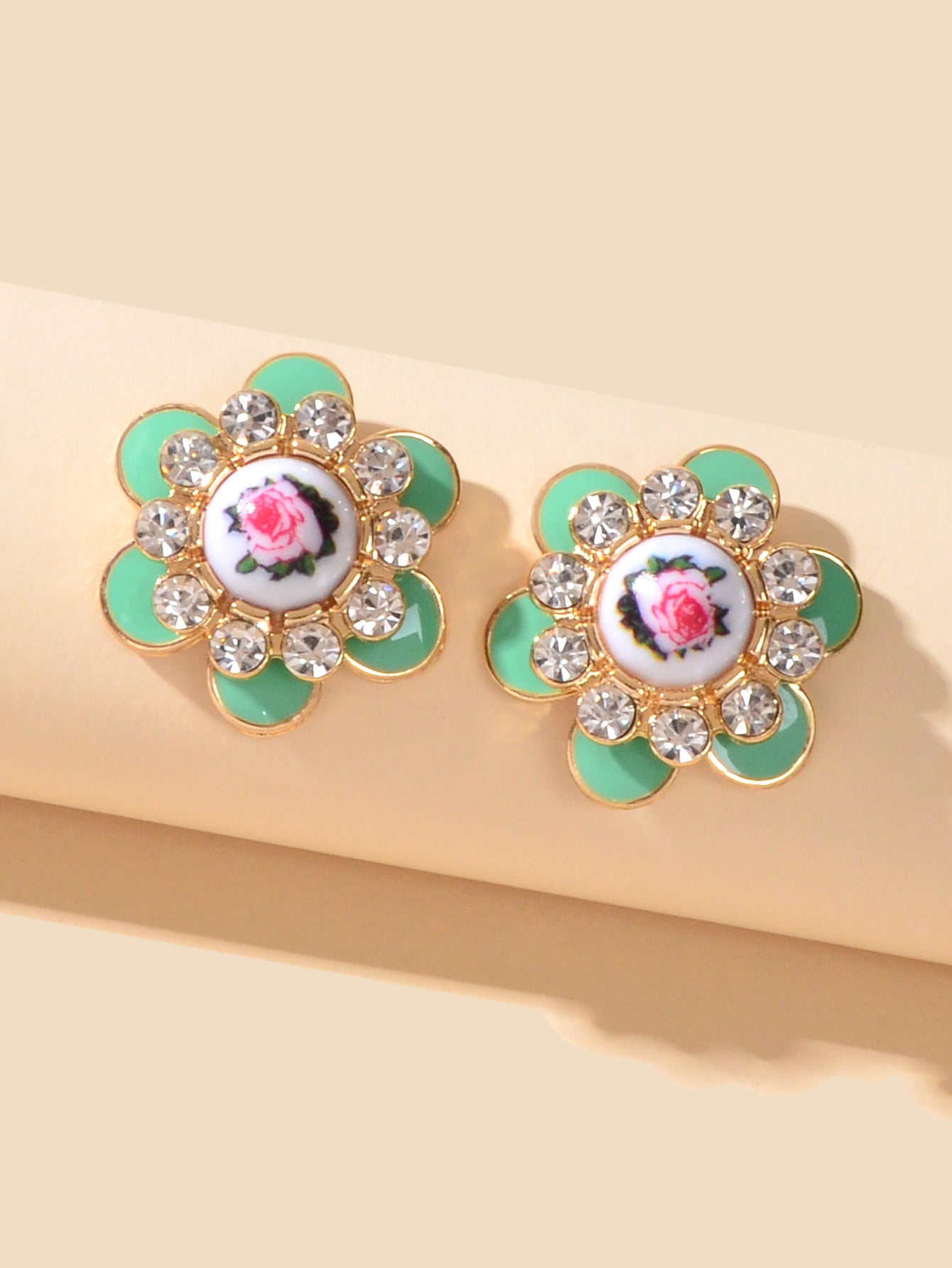 Bohemian Ethnic Rhinestone Decoration Green Enamel Flower Stud Festival Earrings
