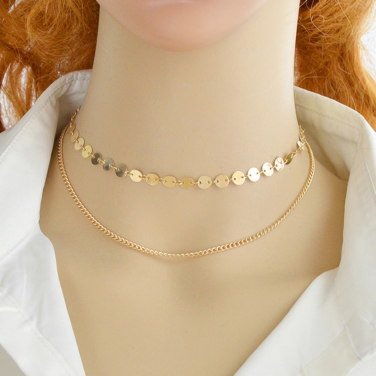 Beautiful Ladies Jewelry Double layer Disc Chain Short Collar Clavicle Necklace