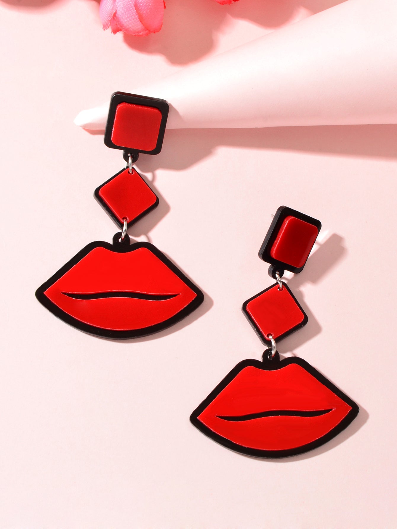 Playful Red Lips Pendant Long Stud Earrings Teenager's Expressive Fun Jewellery