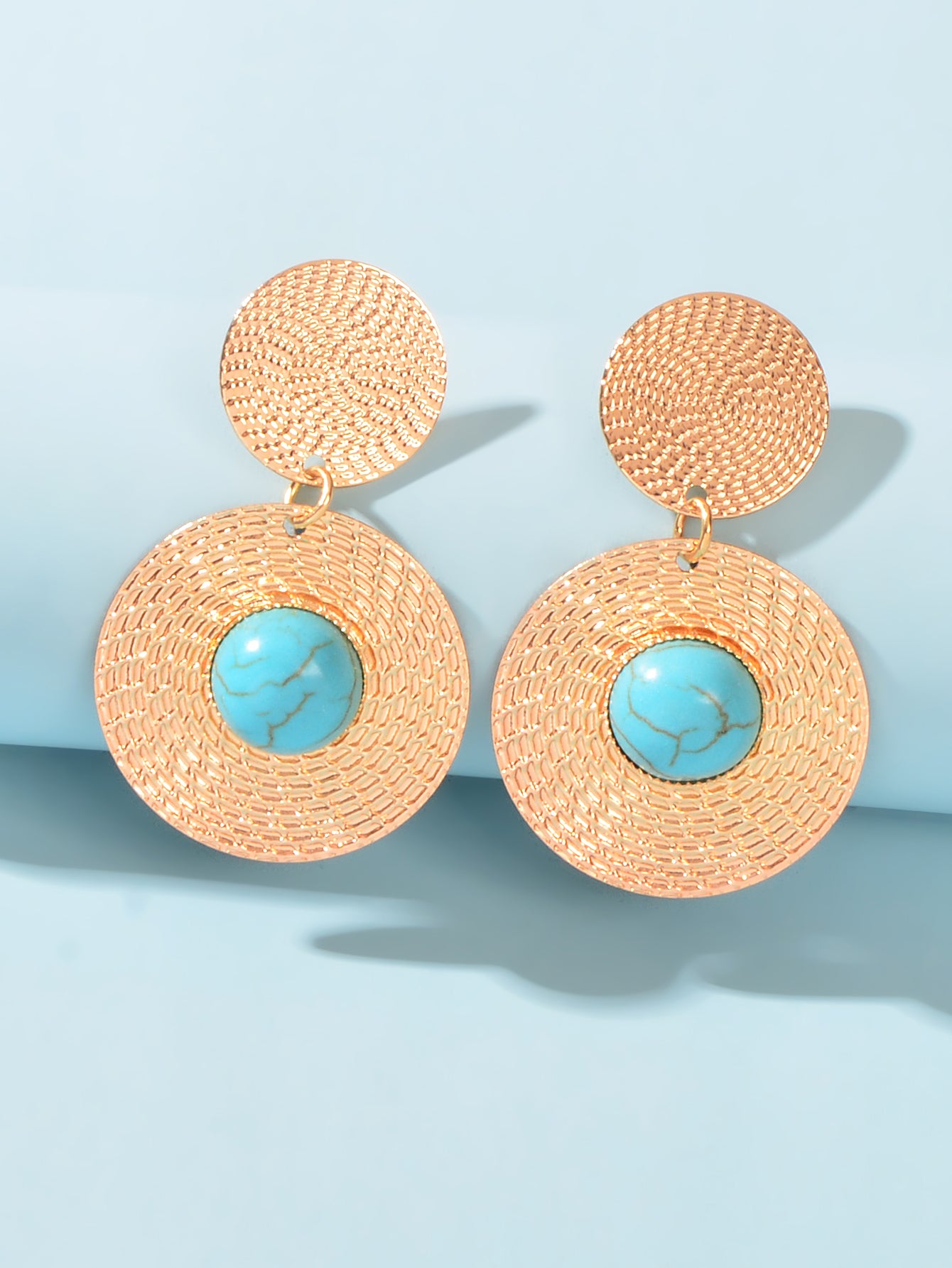 Bohemian Ethnic Style Turquoise Gold Round Disc Big Statement Vacation Earrings