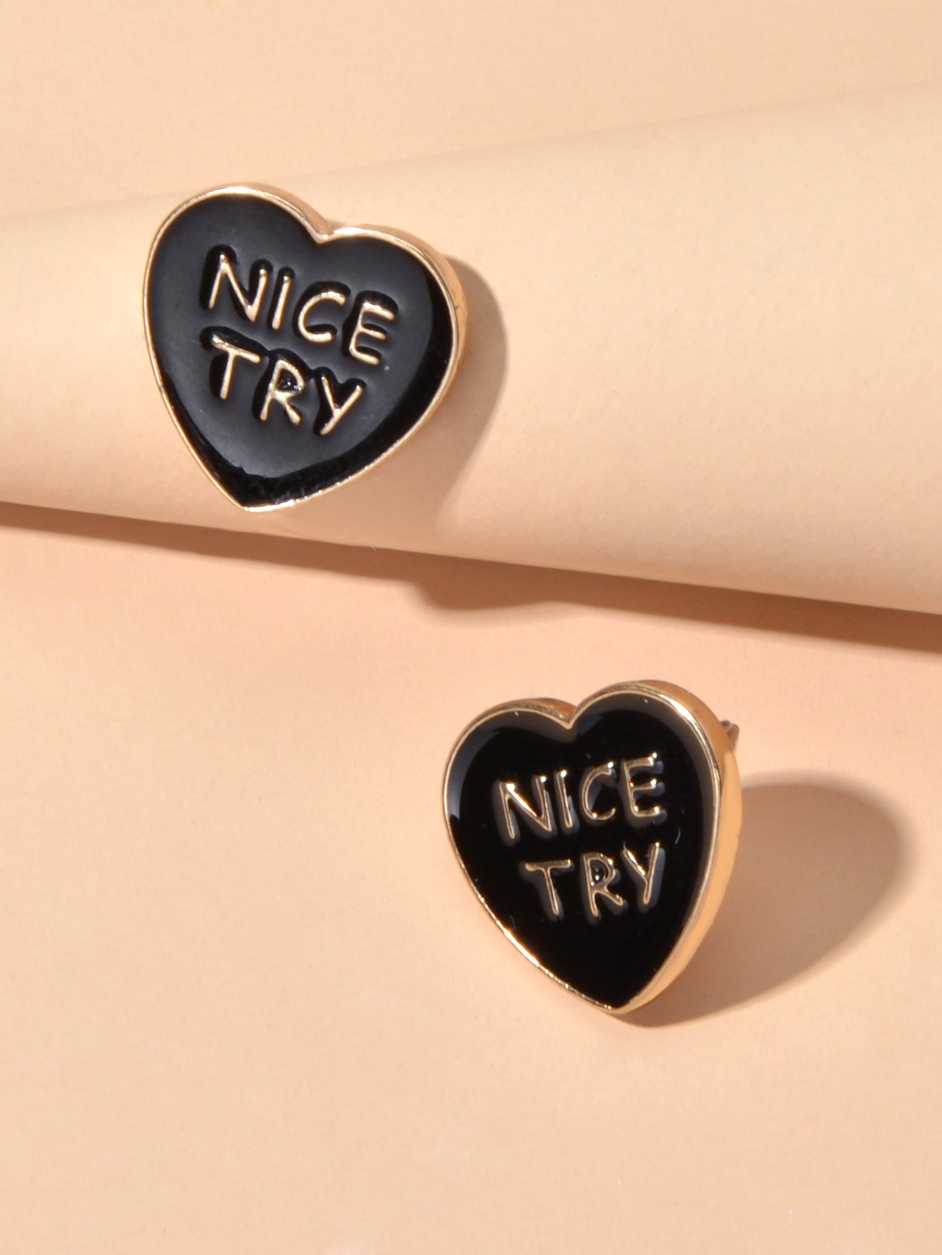 Dainty Gifts for Girls NICE TRY Letter Black Red Enamel Love Heart Stud Earrings