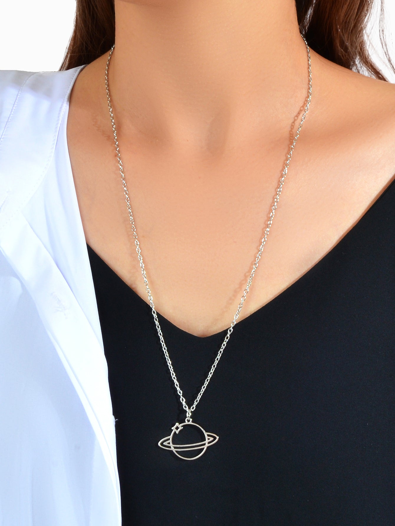 Trendy Jewellery Silver Long Chain Space Planet Charm Necklace Accessories Gift