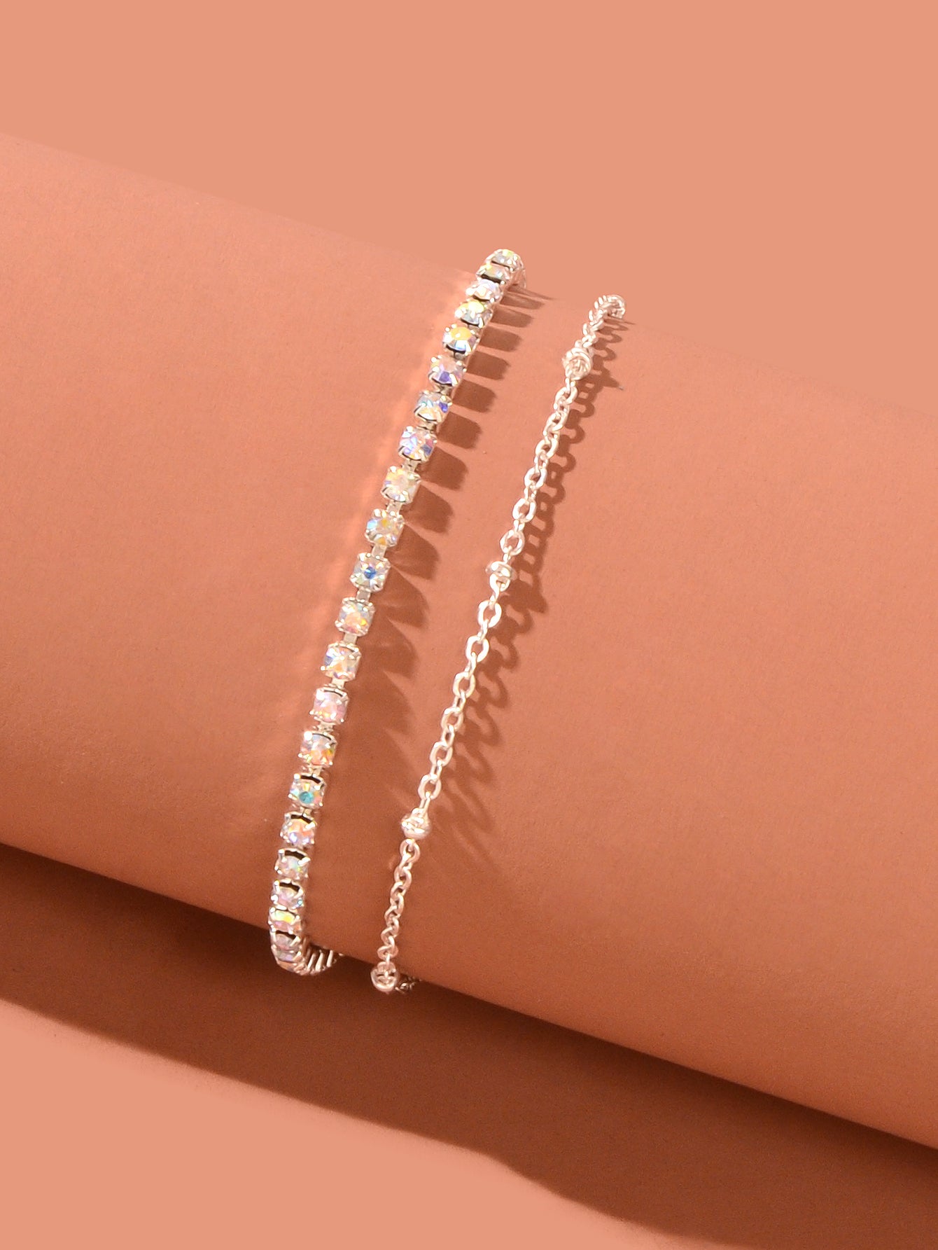 Summer Rhinestone Decor Double Layer Silver Chain Anklet Beach Foot Jewellery