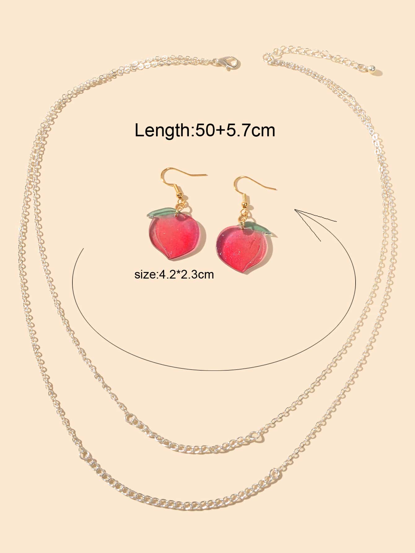 Jewelry set Double layer Silver Chain Necklace Pink Resin Peach Dangle Earrings