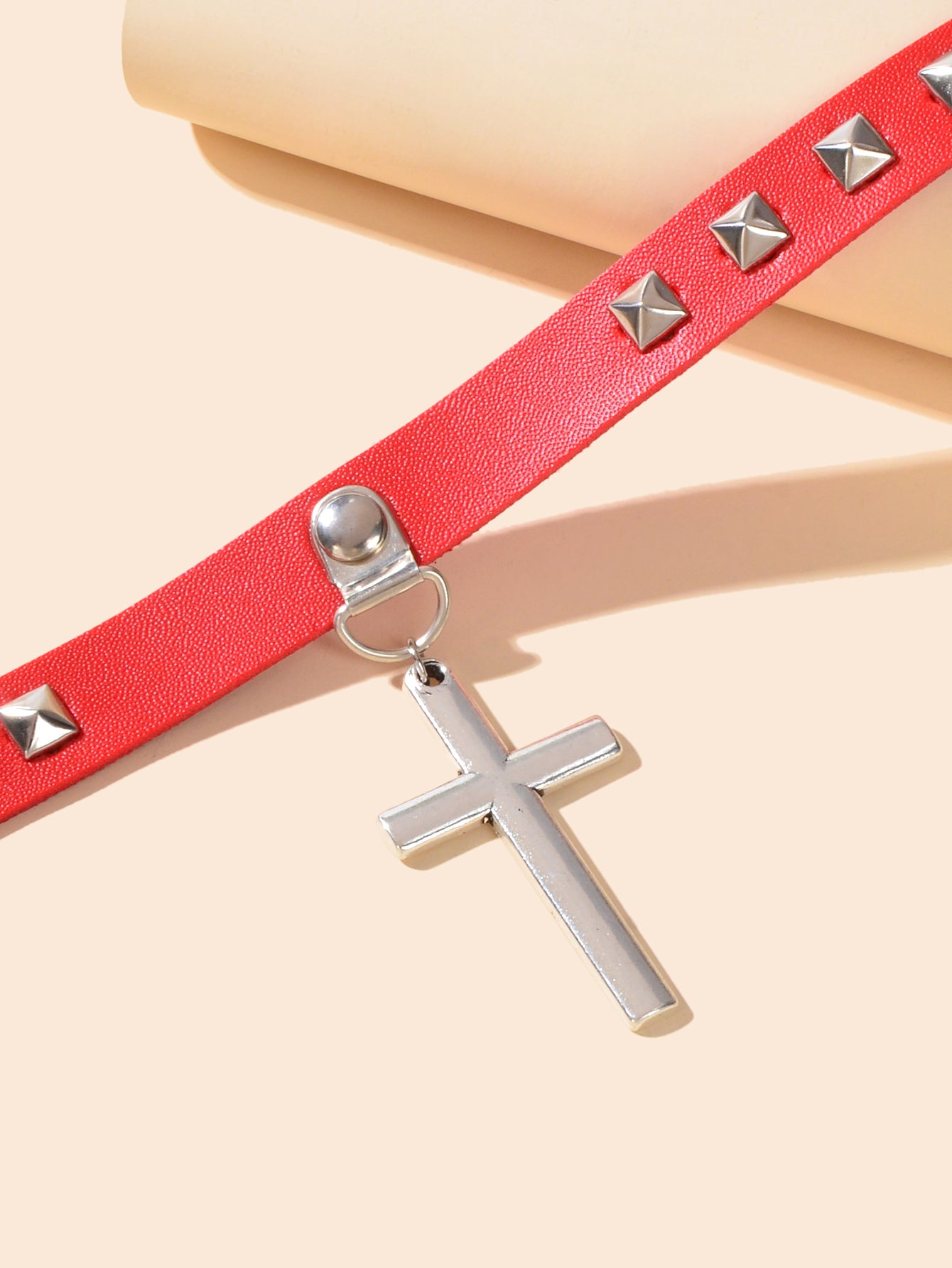 Hip Hop Red Black Pu Leather Spike Adjustable Short Choker Silver Cross Necklace