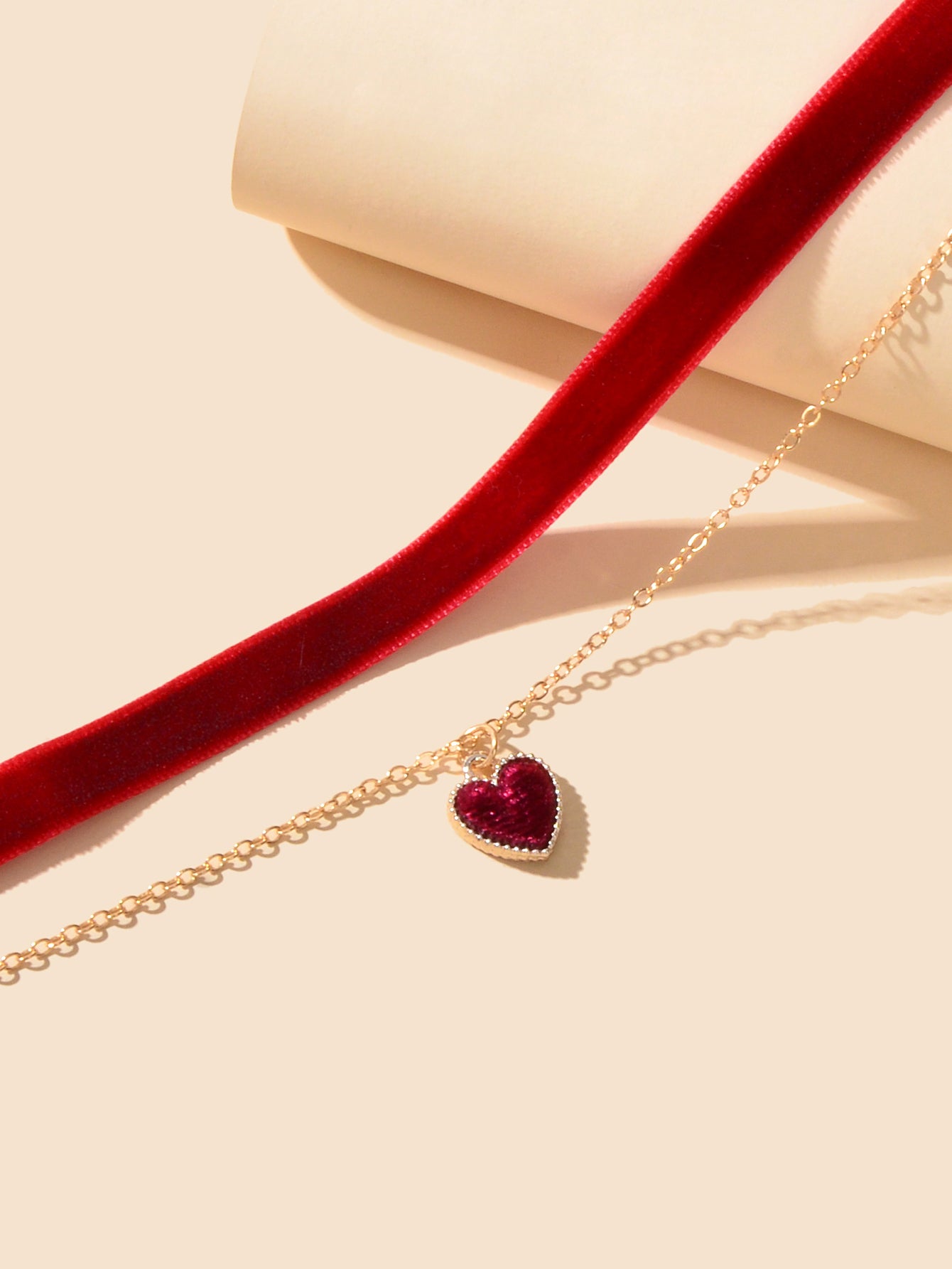 Retro Red Black Velvet Short Choker Gold Chain Double layer Heart Charm Necklace