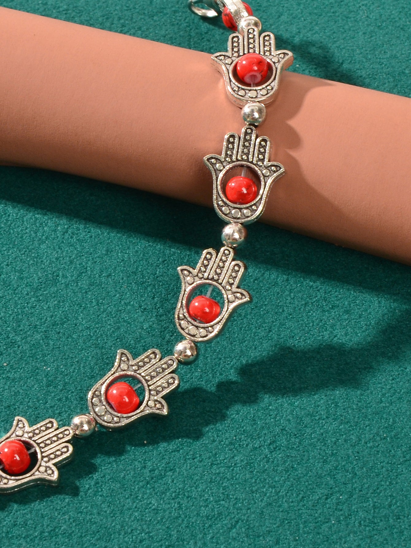 Ethnic Jewellery Vintage Handmade Blue Red Beaded Antique Silver Hand Bracelet