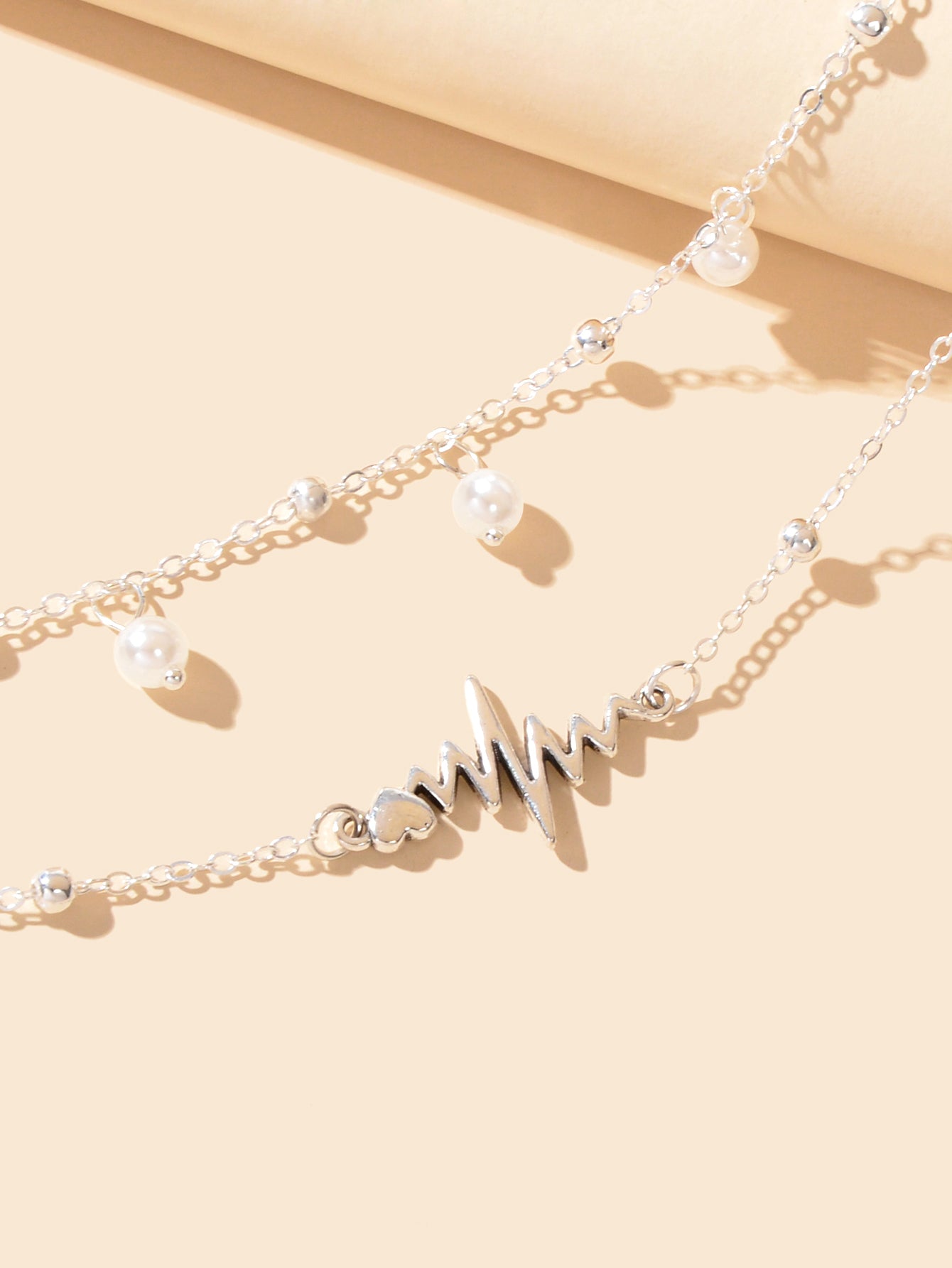 Double layer Silver Chain Pearl Bead Charm Heartbeat Boho Chic Foot Chain Anklet