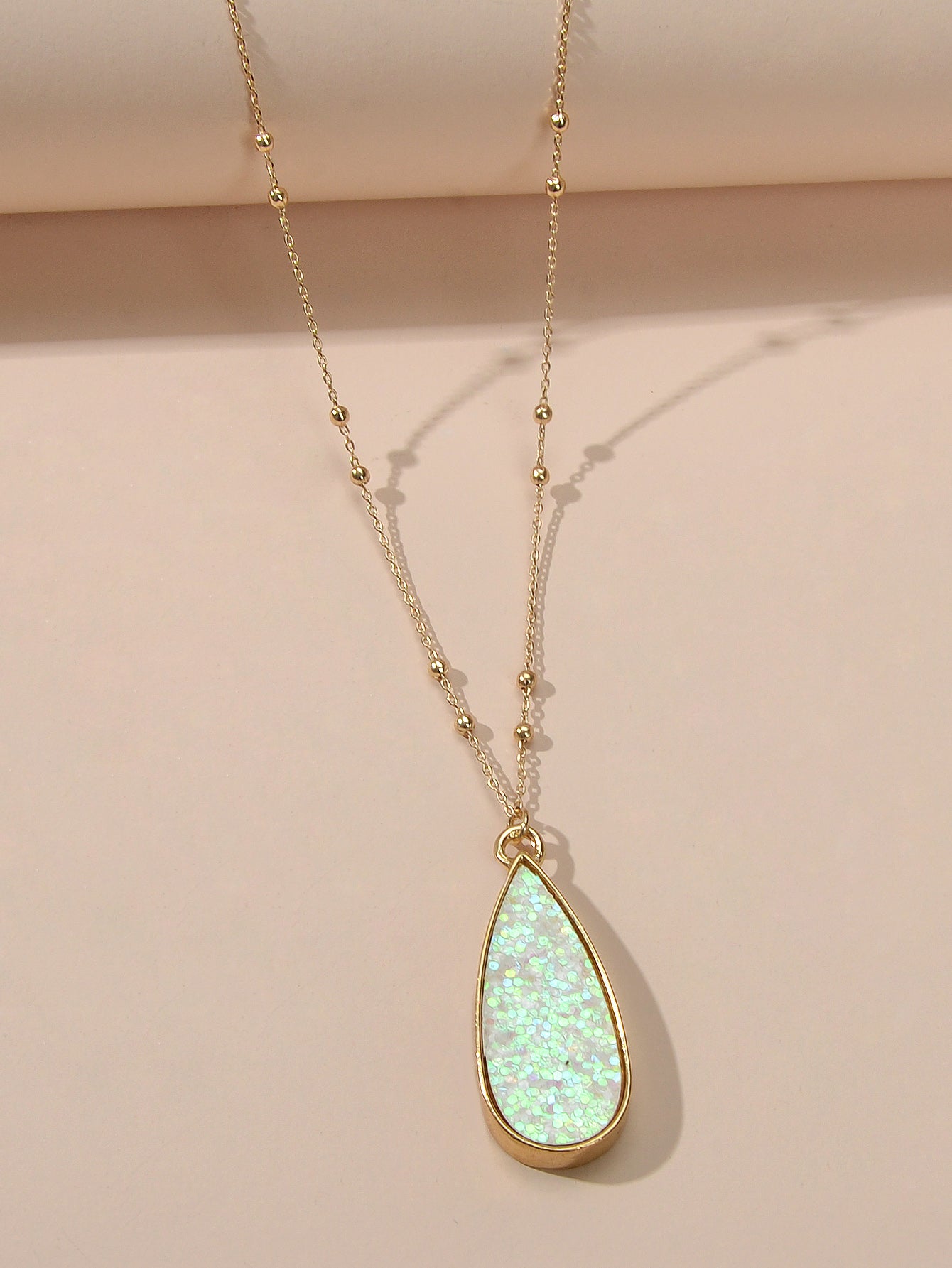 Women Teen Girl Jewellery Gold Beads Chain Shinning Water Drop Pendant Necklace