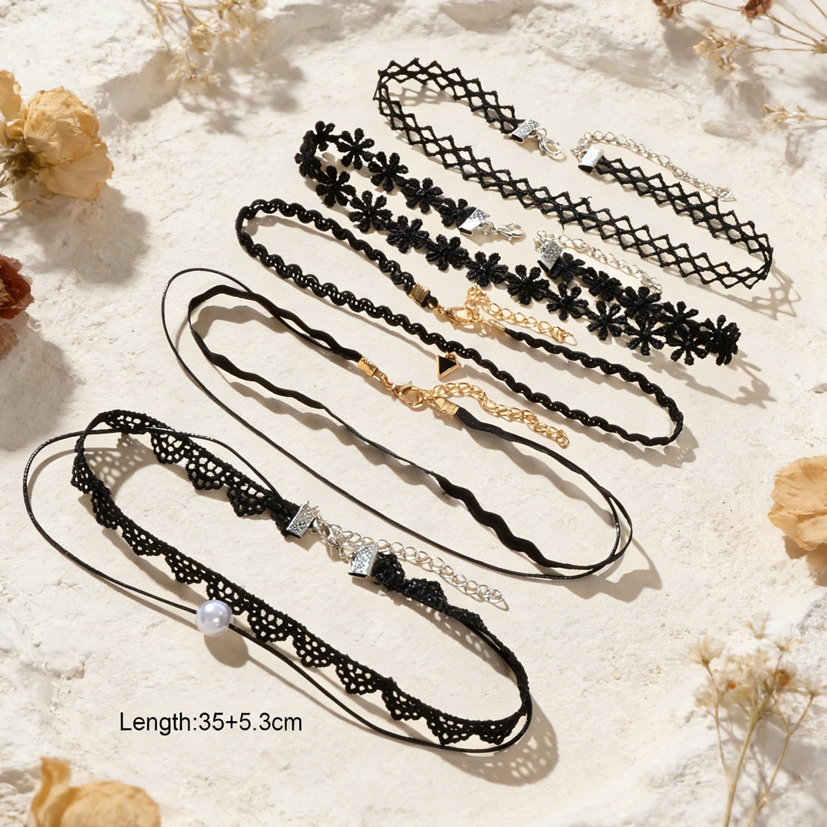 Black Elastic 5pcs Lace Flower Triangle Charm Boho Gothic 90s Tattoo Choker Gift