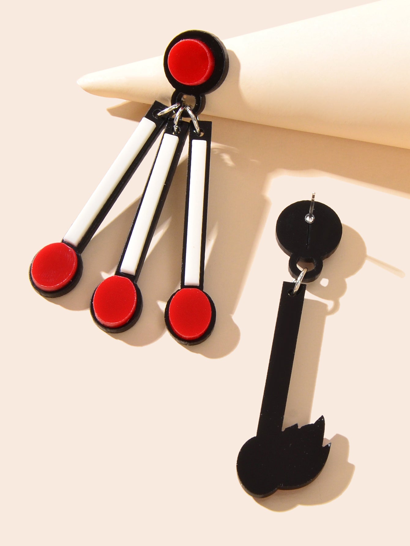 Asymmetrical Personality Accessories Red Acrylic Match Pendant Pierced Earrings